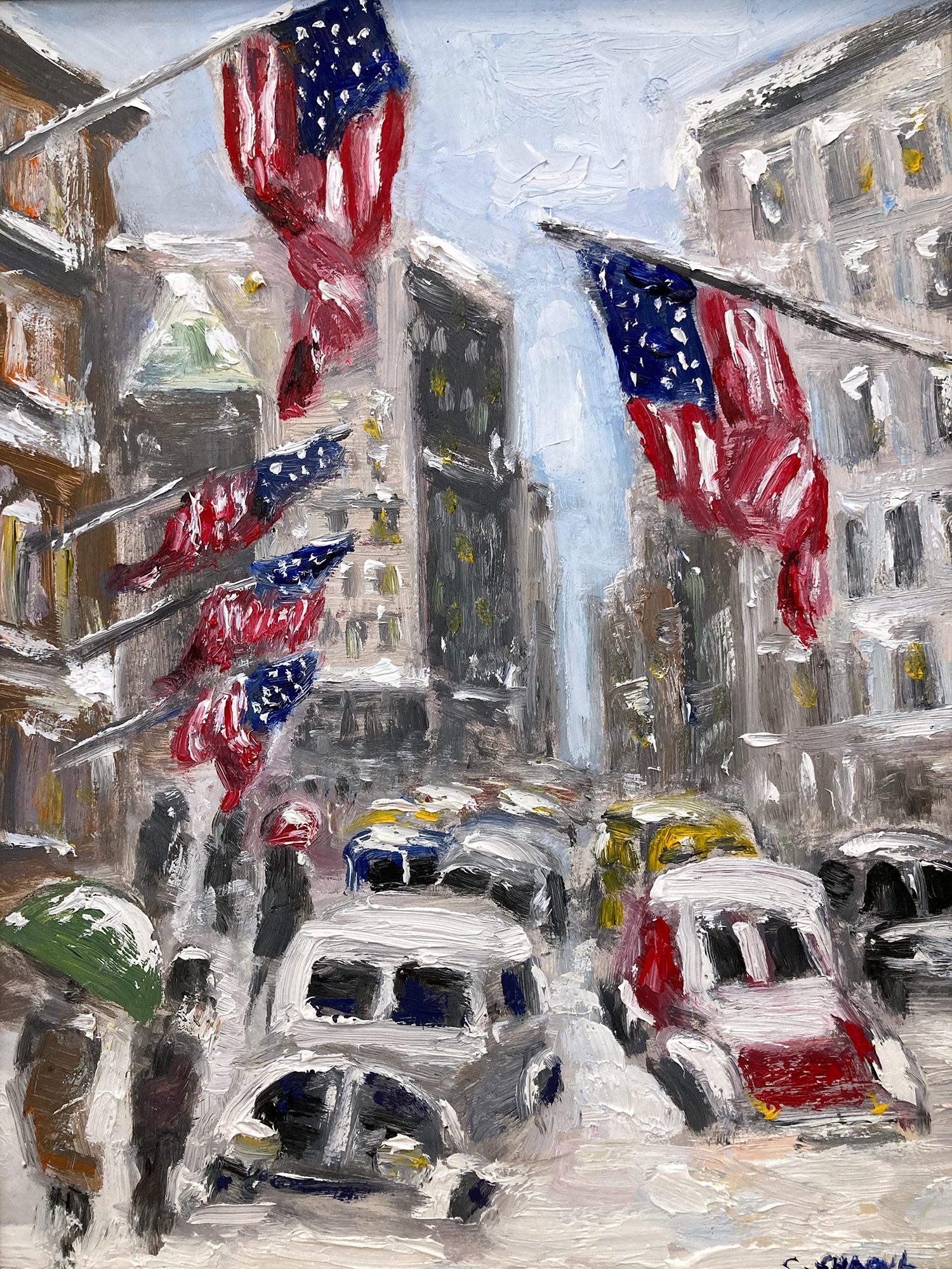 Peinture à l'huile impressionniste « Snow in NYC » de la ville de New York dans le style de Guy Wiggins - Painting de Cindy Shaoul