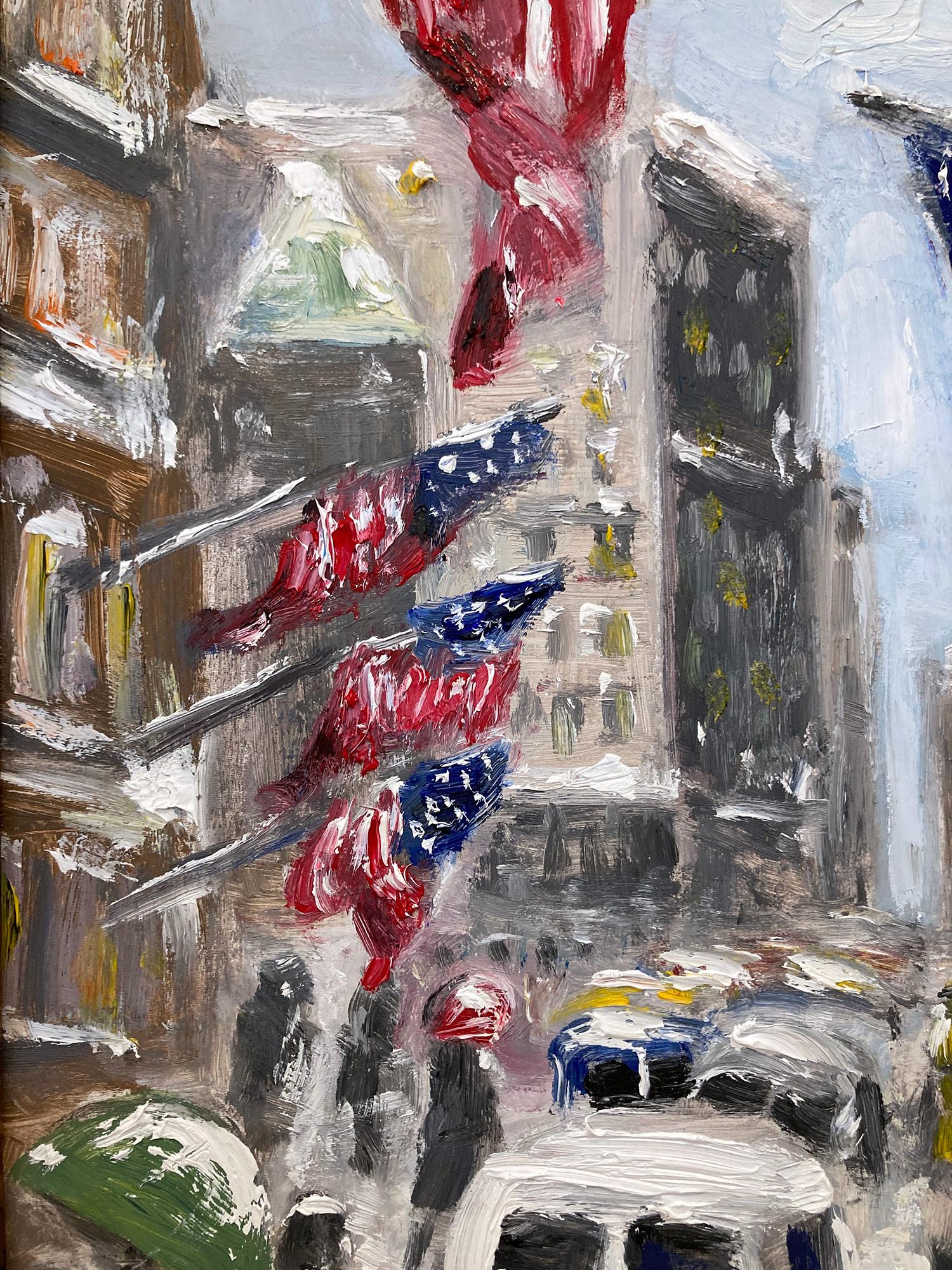 Peinture à l'huile impressionniste « Snow in NYC » de la ville de New York dans le style de Guy Wiggins - Impressionnisme américain Painting par Cindy Shaoul