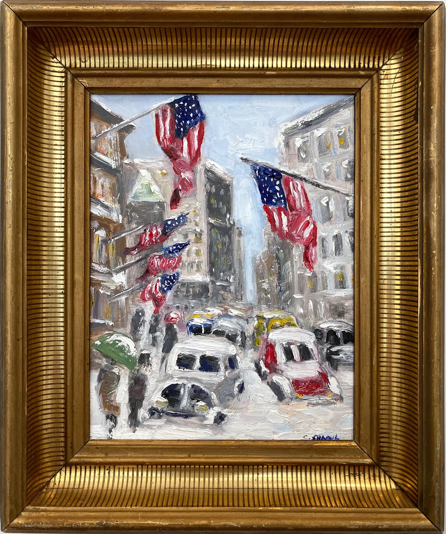 Figurative Painting Cindy Shaoul - Peinture à l'huile impressionniste « Snow in NYC » de la ville de New York dans le style de Guy Wiggins