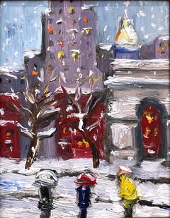 "Snow in Washington Sq. Park" Impressionist Oil Painting in Style of Guy Wiggins