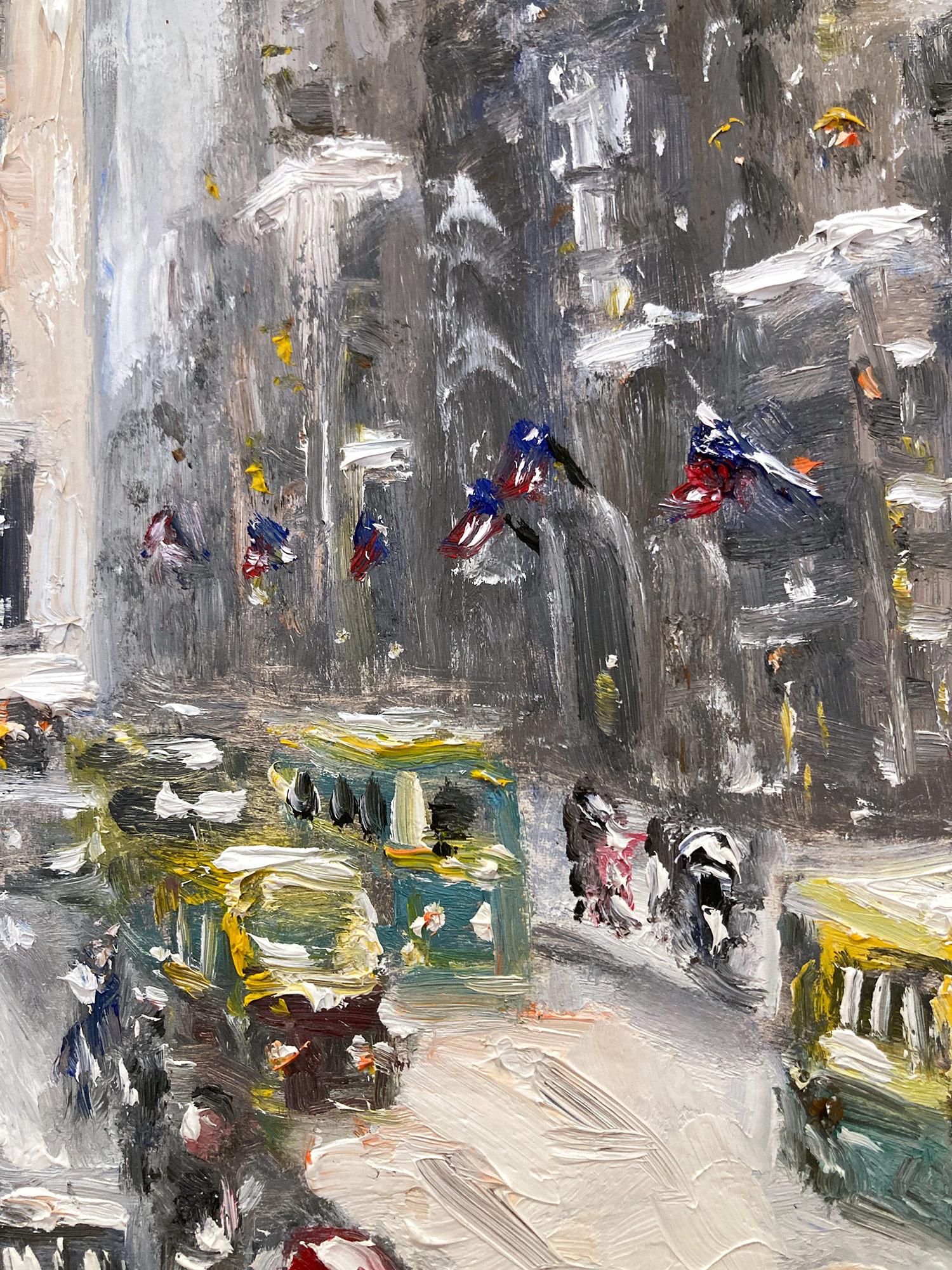 A charming depiction of the 42nd Street Library in the snow with figures and cars. A cozy impressionistic scene with warmth and feeling. A whimsical scene with stunning details and beautiful brushwork. Inspired by Guy Wiggins, this piece captures