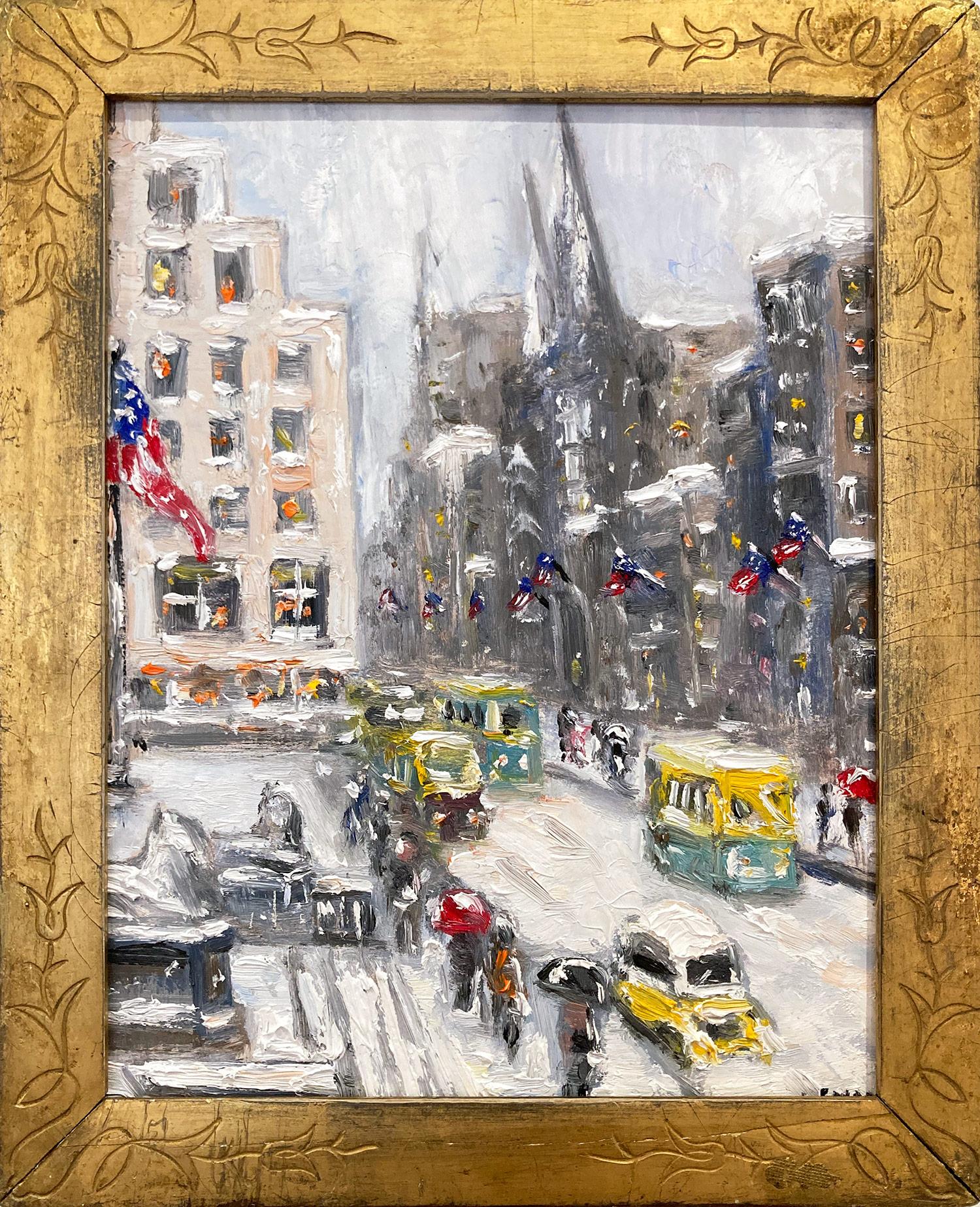 Cindy Shaoul Figurative Painting - "Snow on 42nd Street" Impressionist New York City Library Style of Guy Wiggins