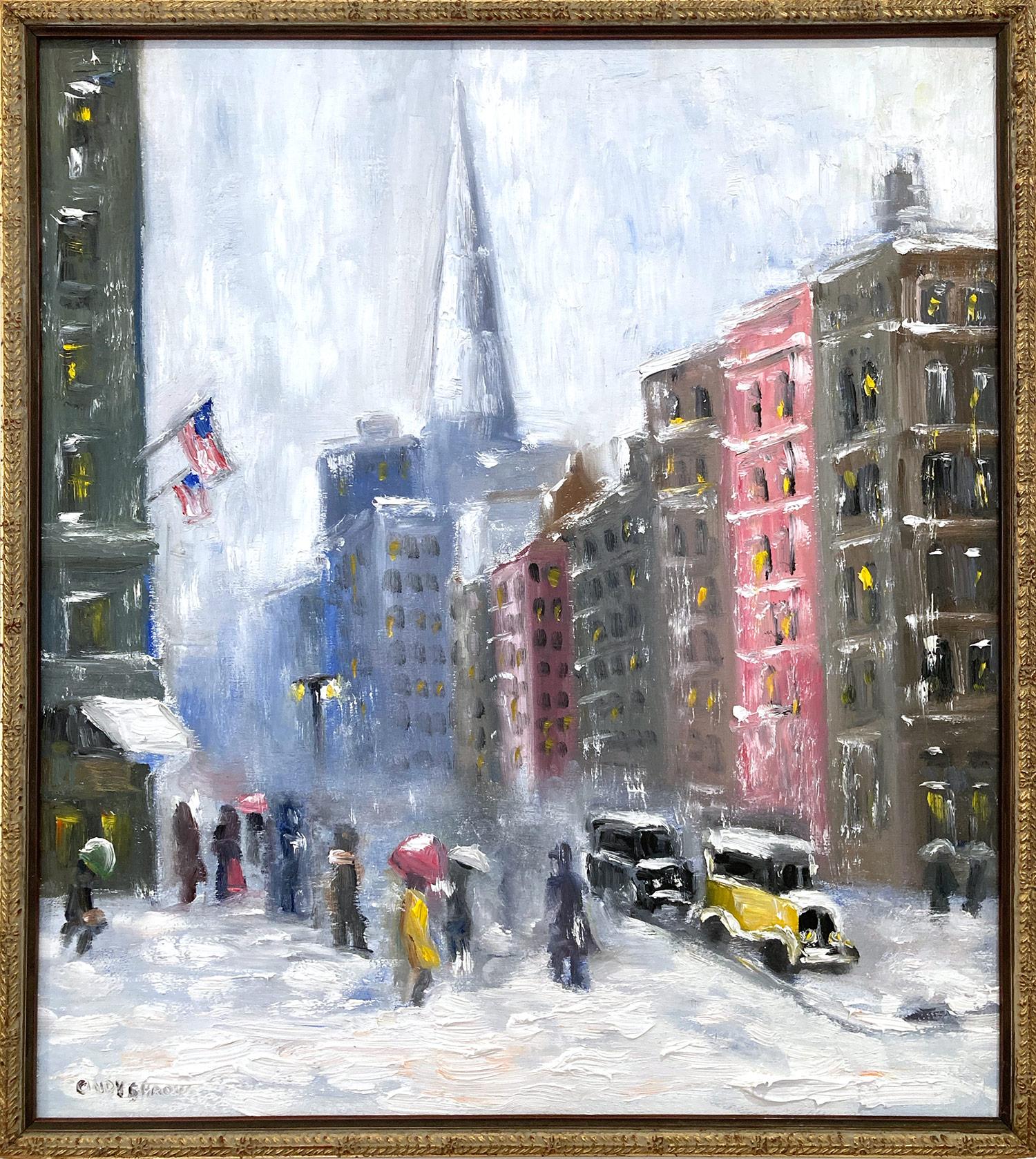 "Snow on 5th Avenue" Impressionistic New York Snow Scene in style of Guy Wiggins