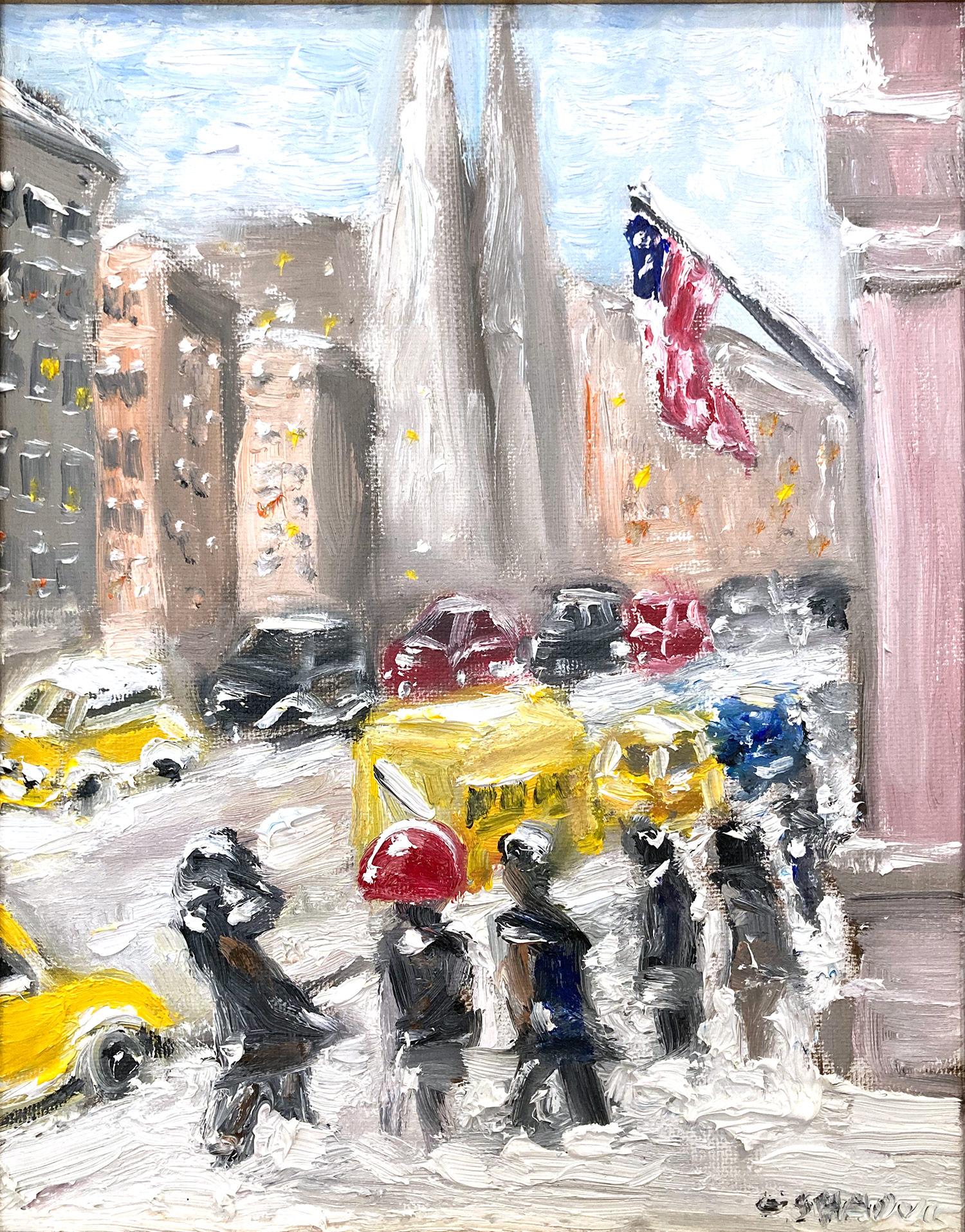 A charming depiction of Snow on 5th Avenue New York City with figures walking and cars in the distance. A cozy impressionistic street scene with colors of cobalts, light pink, whites, and burnt sienna's. An iconic street scene with beautiful