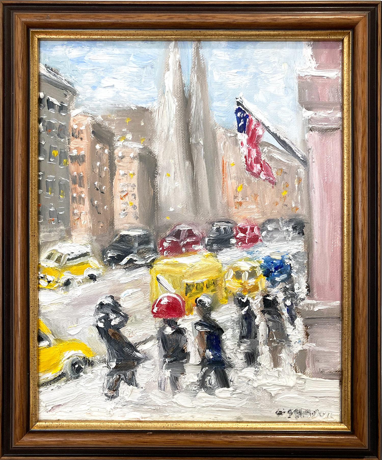 Cindy Shaoul Figurative Painting - "Snow on 5th" Impressionist Snow Oil Painting in Style of Guy Wiggins New York 