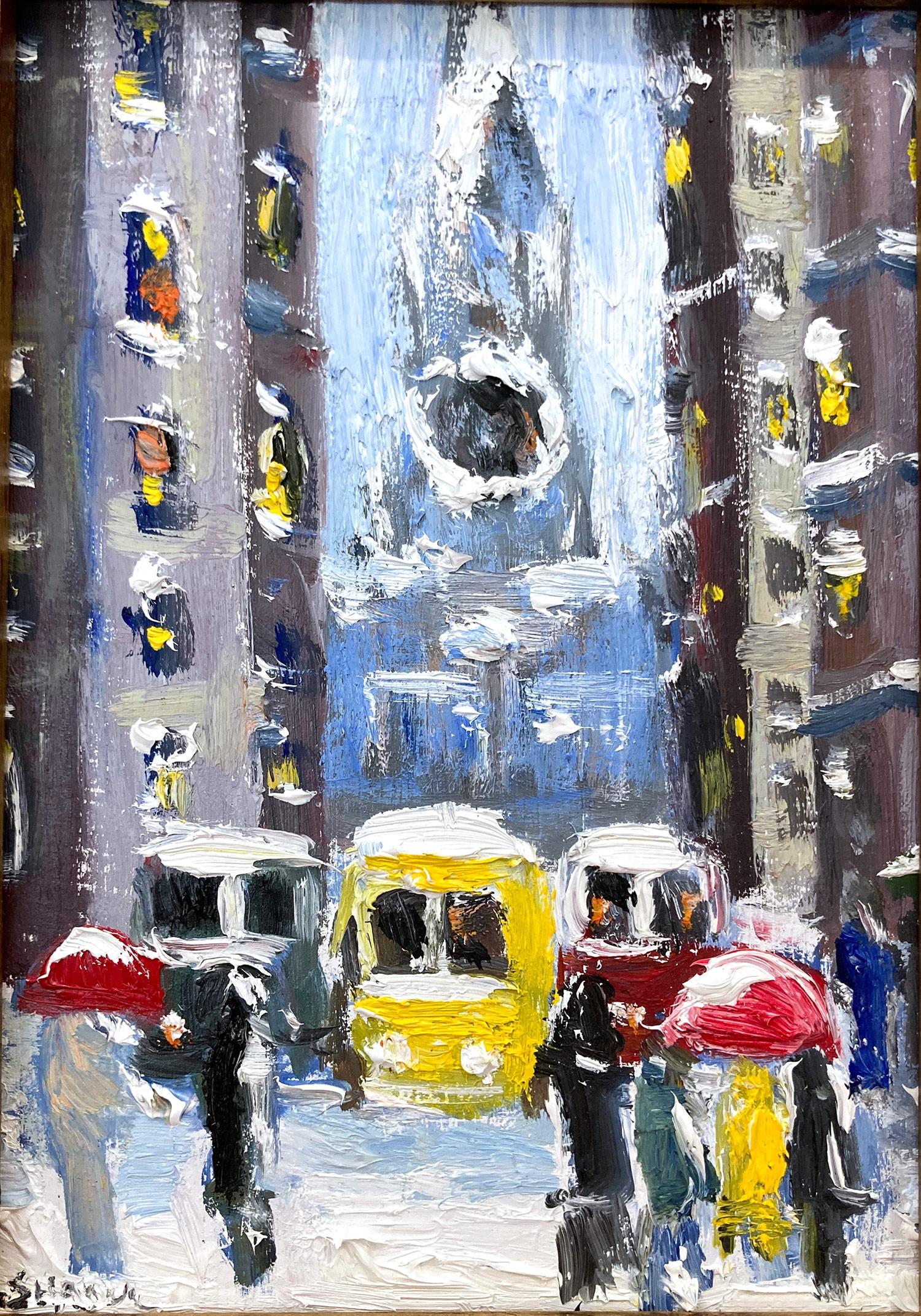 „Snow on Downtown Wall St“ NYC Impressionistisches Ölgemälde im Stil von Guy Wiggins – Painting von Cindy Shaoul