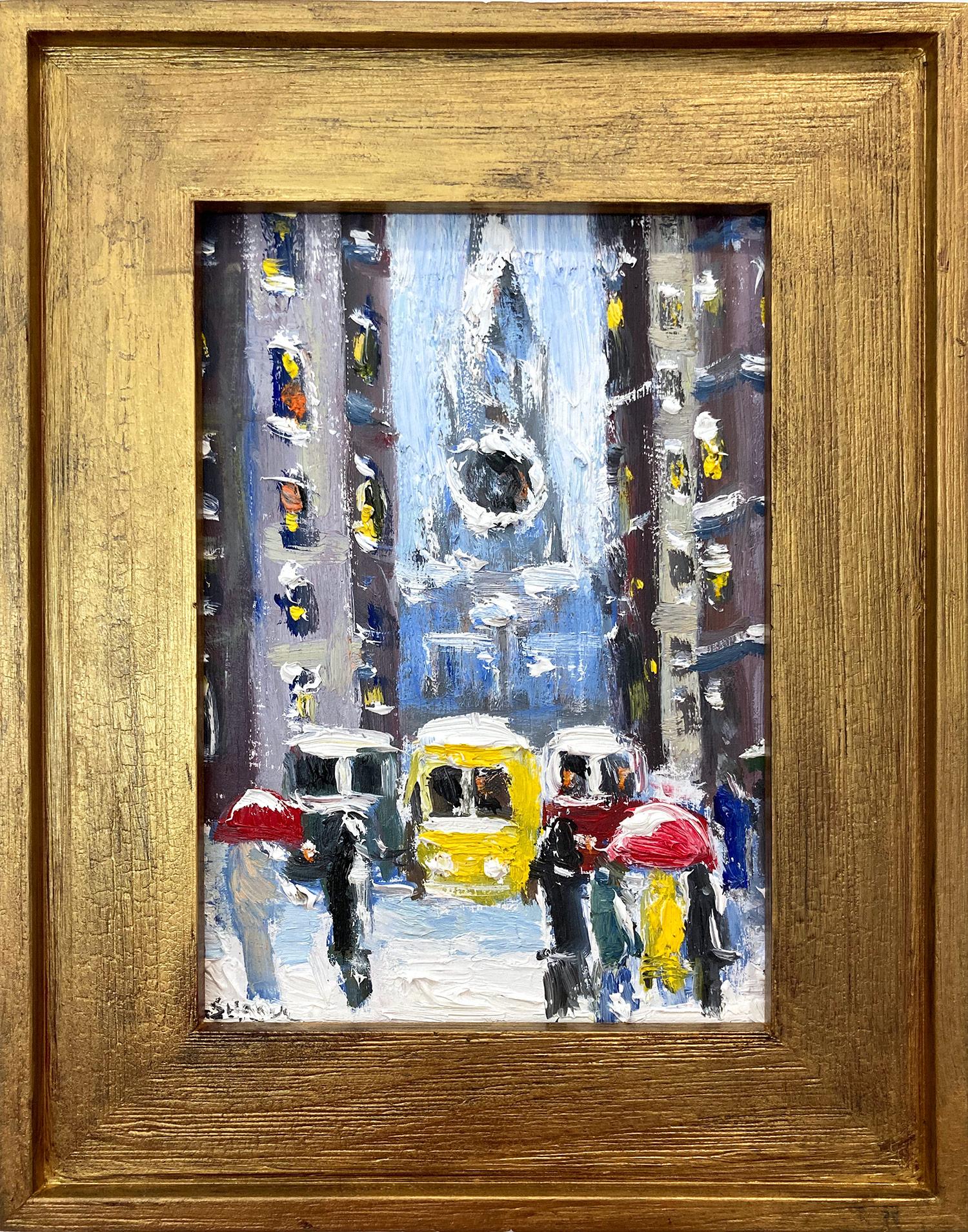 Cindy Shaoul Landscape Painting - "Snow on Downtown Wall St" NYC Impressionist Oil Painting Style of Guy Wiggins