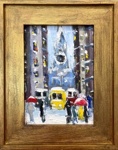 "Snow on Downtown Wall St" NYC Impressionist Oil Painting Style of Guy Wiggins 