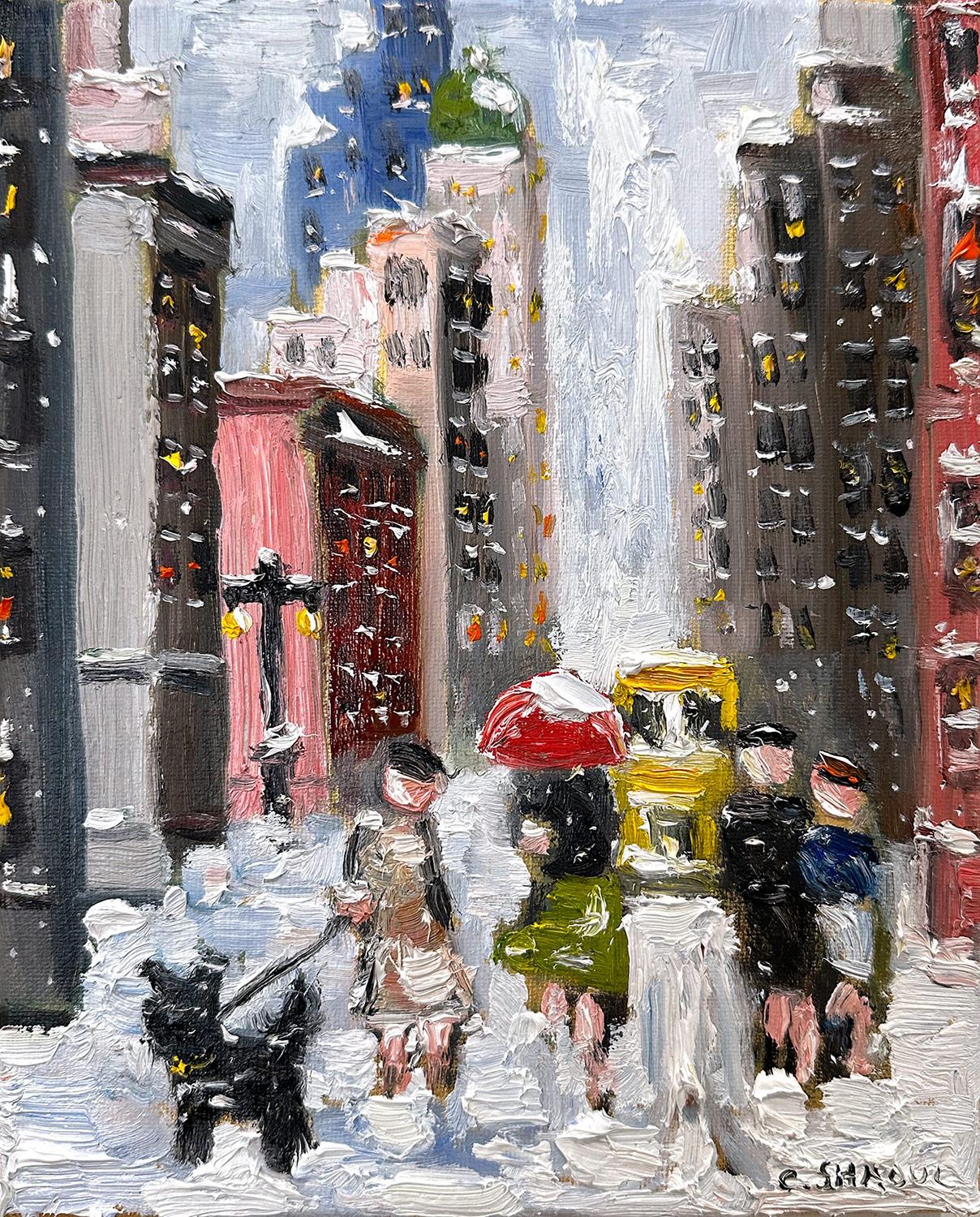 « Snow on Fifth Ave » NYC Peinture à l'huile impressionniste de Guy Wiggins  - Painting de Cindy Shaoul