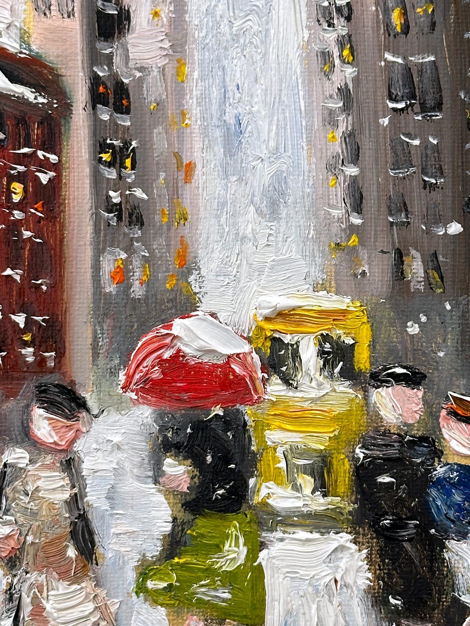 A charming depiction of Snow in New York City on Fifth Avenue with figures walking a dog. A cozy impressionistic street scene with colors of cobalts, light pink, whites, and burnt sienna's. An iconic street scene with beautiful brushwork and