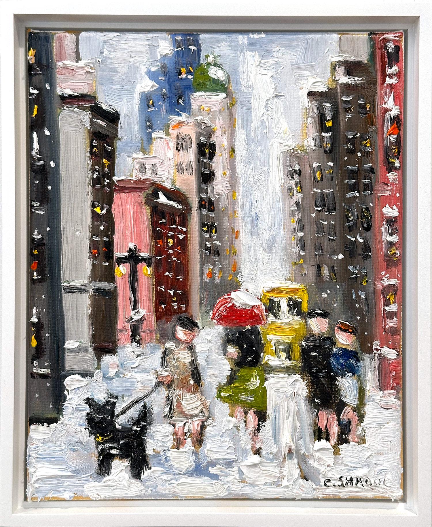 « Snow on Fifth Ave » NYC Peinture à l'huile impressionniste de Guy Wiggins 