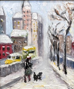 "Sunday Stroll in Snow" NYC Impressionist Oil Painting in Style of Guy Wiggins