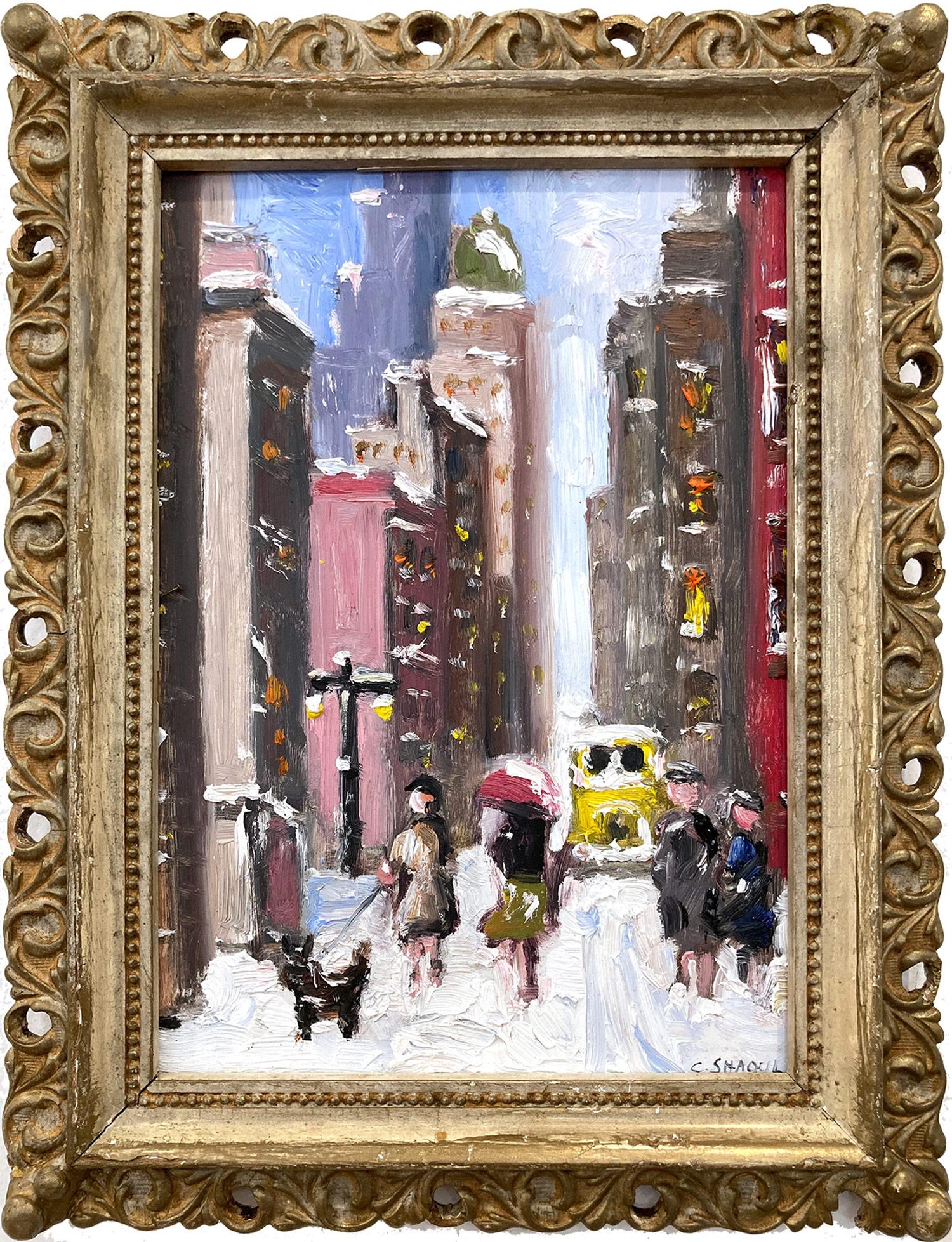 Cindy Shaoul Figurative Painting - "Snow on Fifth" NYC Impressionist Oil Painting Snow Scene Style of Guy Wiggins