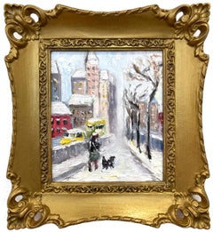 "Sunday Stroll in Snow" NYC Impressionist Oil Painting in Style of Guy Wiggins