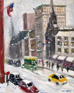 "Snowy NY Day" Impressionistic New York Snow Scene in style of Guy Wiggins