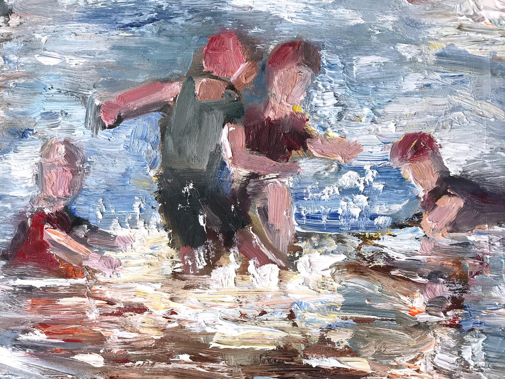Impressionistisches Ölgemälde „Splashes at the Beach“ auf Tafel, Strandszene – Painting von Cindy Shaoul