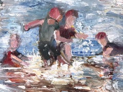 "Splashes at the Beach" Impressionistic Beach Scene Oil Painting on Panel