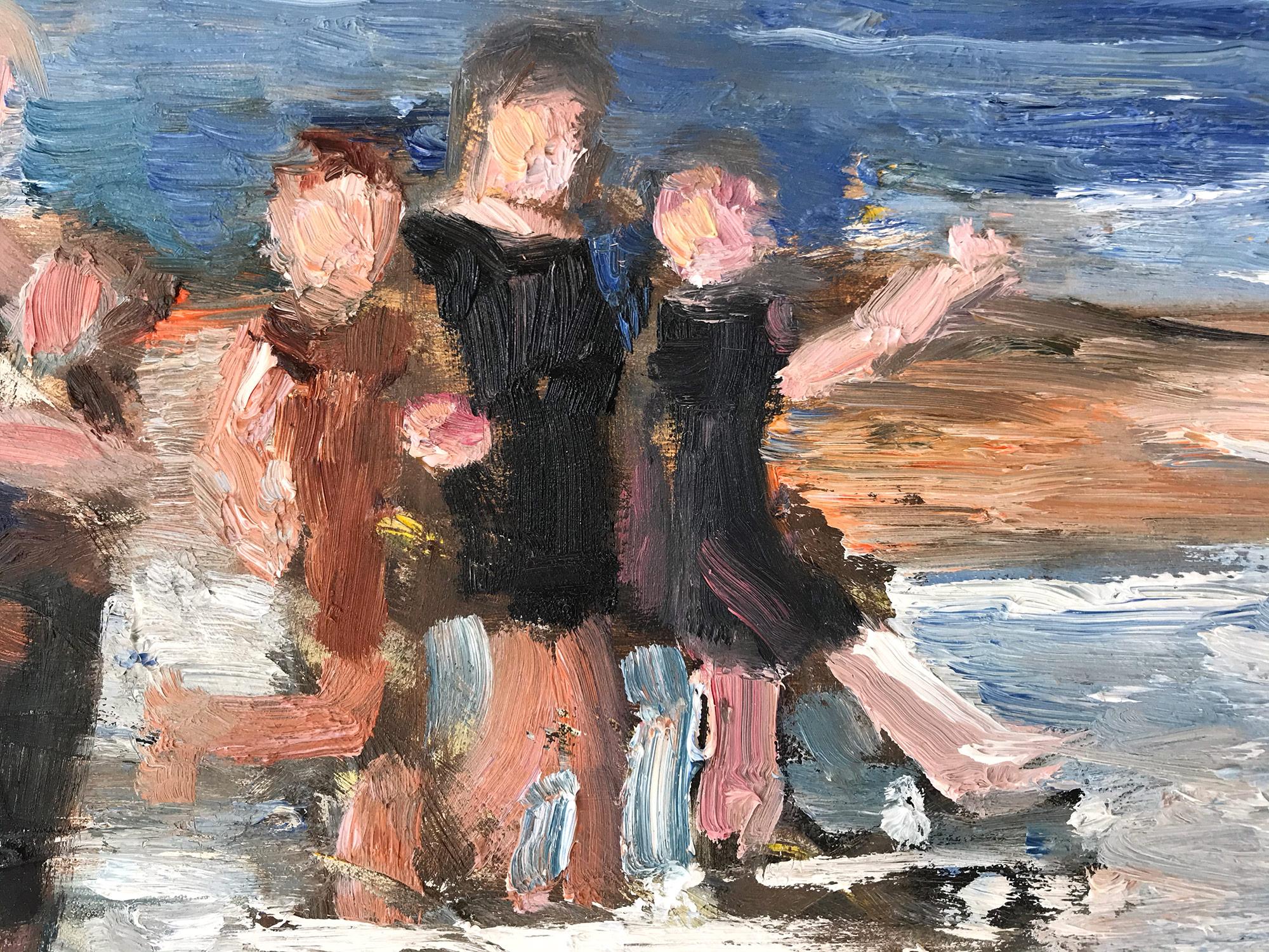 Impressionistisches Ölgemälde „Splashes at the Beach“ auf Tafel, Strandszene (Amerikanischer Impressionismus), Painting, von Cindy Shaoul