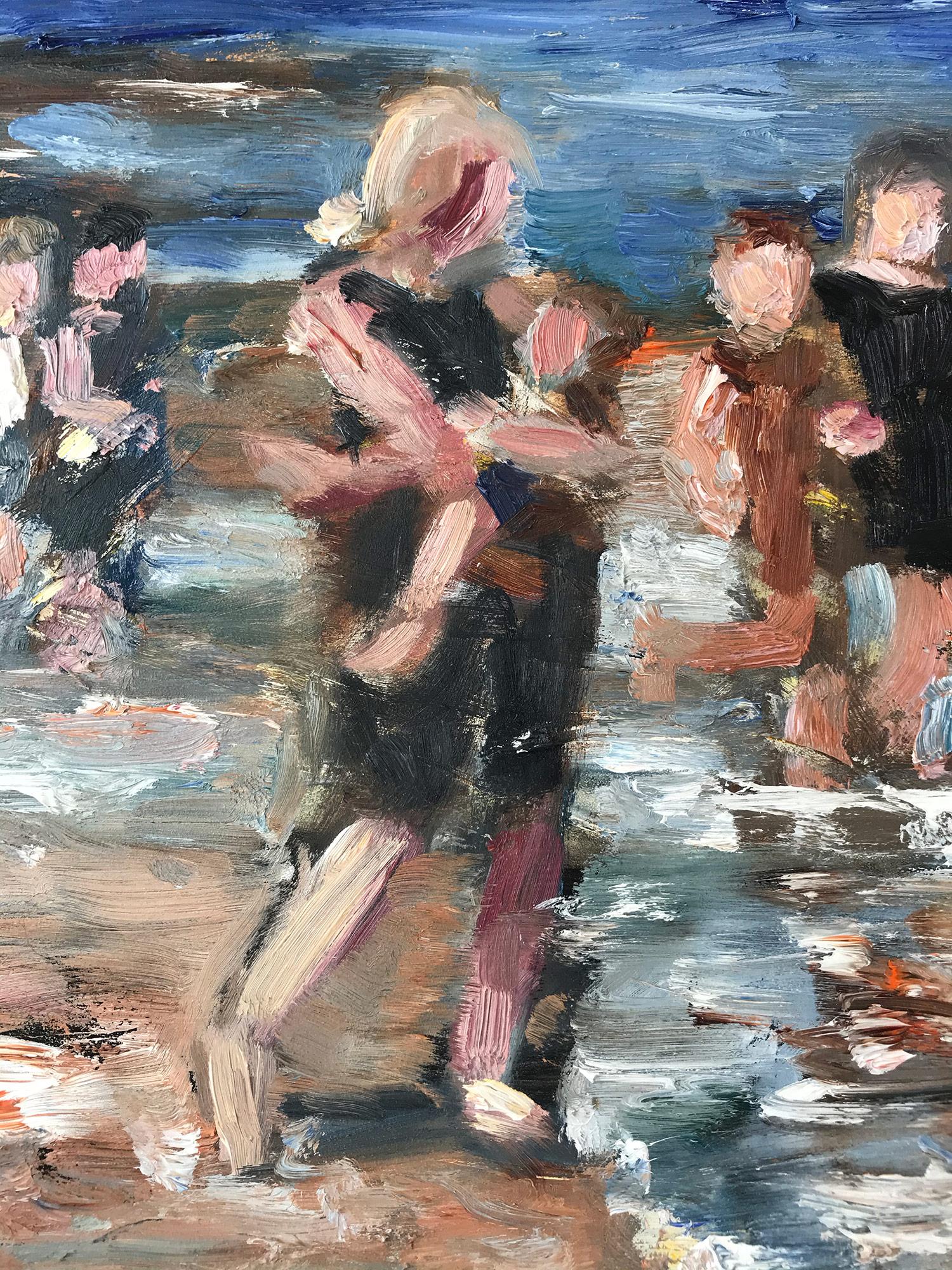 Impressionistisches Ölgemälde „Splashes at the Beach“ auf Tafel, Strandszene (Grau), Figurative Painting, von Cindy Shaoul