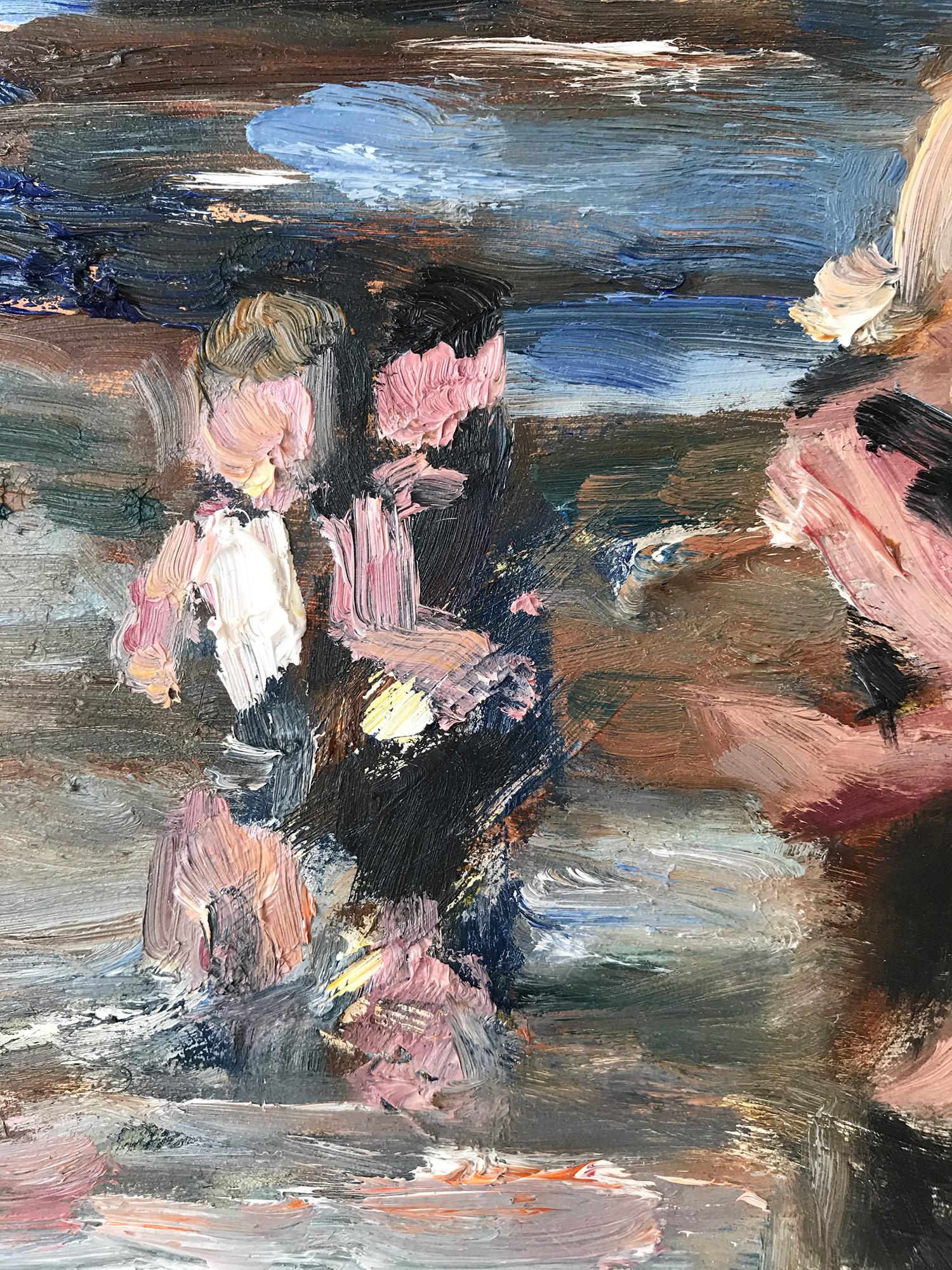 This painting depicts an impressionistic scene at the beach with beautiful brushwork and whimsical colors. The splashes and children playing are captrued with a nostalgia, as the colors vibrate with emotion. The work is a following of Edward
