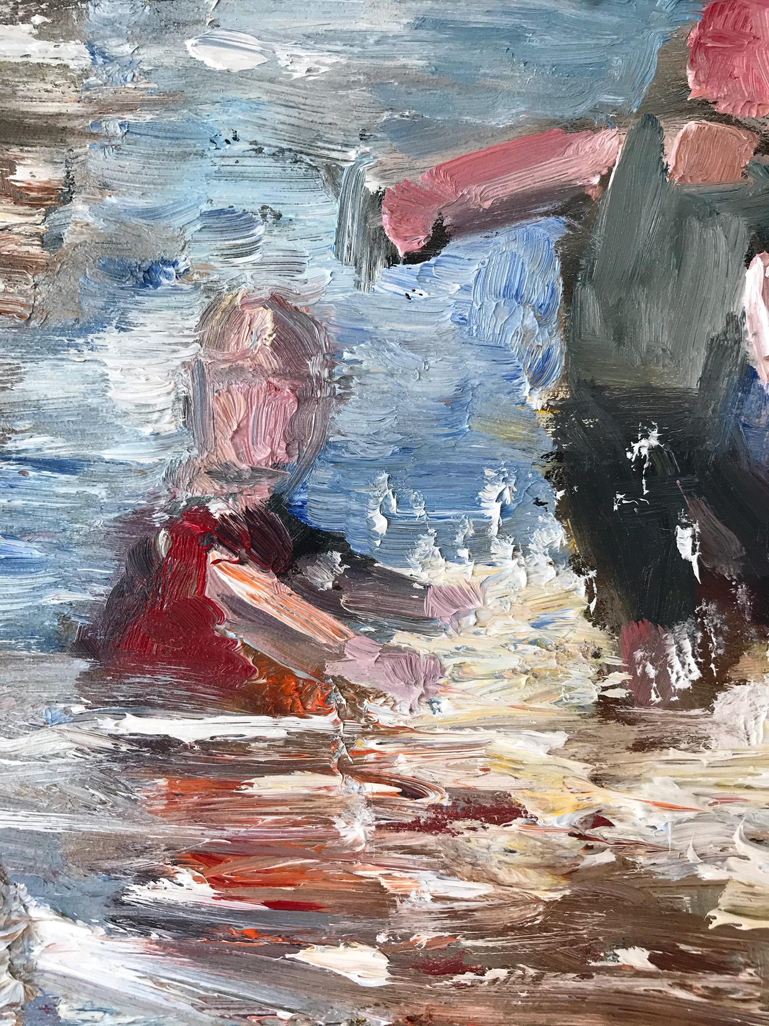 Impressionistisches Ölgemälde „Splashes at the Beach“ auf Tafel, Strandszene im Angebot 4