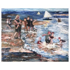 "Schizzi in spiaggia" Pittura a olio su pannello con scena impressionistica di spiaggia