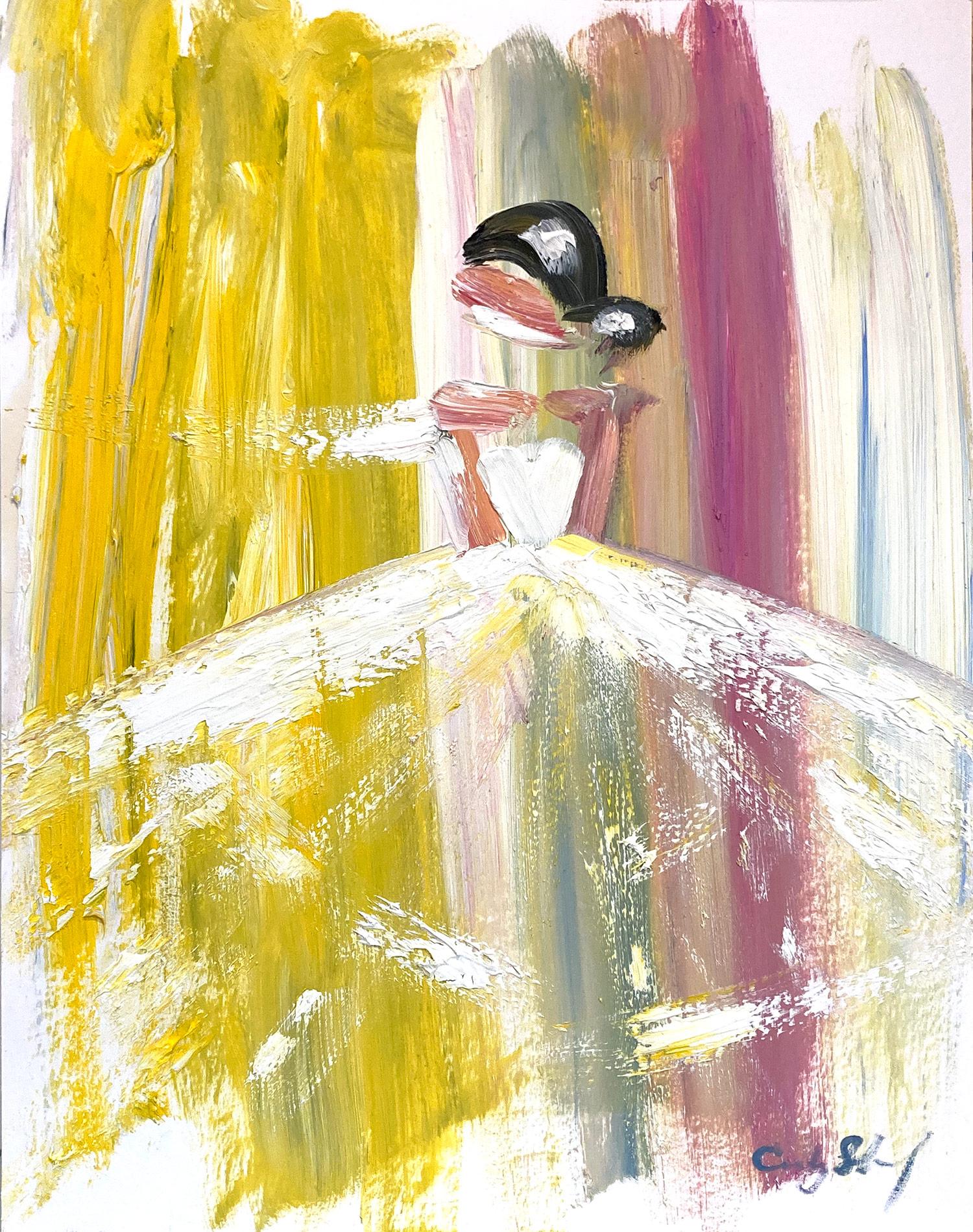 Figurative Painting de Cindy Shaoul - "Primavera en Yves Saint Laurent" Vestido de Alta Costura francés Pintura al óleo sobre papel