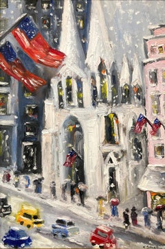 "St. Patrick's Cathedral auf der Fifth" Impressionistisches Ölgemälde Schnee New York City