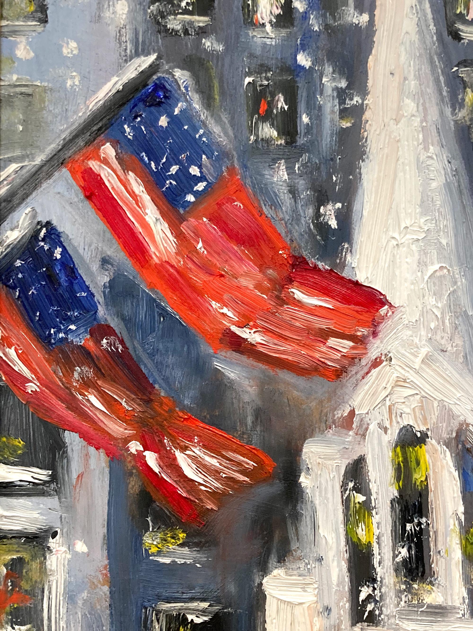 Une charmante représentation de la cathédrale Saint-Patrick sur la 5e avenue dans la neige avec des personnages et des voitures. Cette scène évocatrice de l'hiver urbain capture les flèches majestueuses de la cathédrale Saint-Patrick s'élevant de