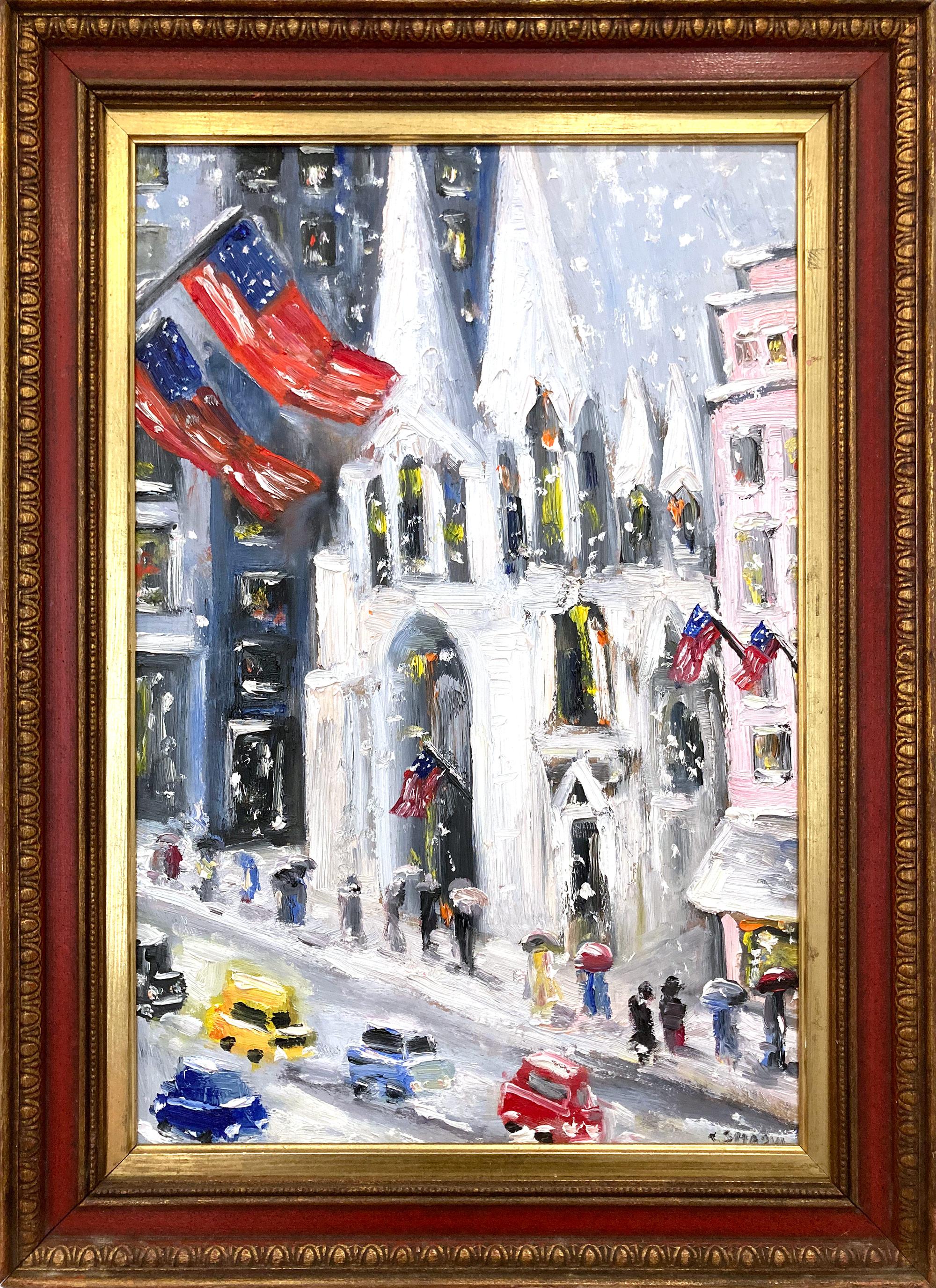 Figurative Painting Cindy Shaoul - "Patrick
s Cathedral on Fifth" Peinture impressionniste à l
huile Neige New York City