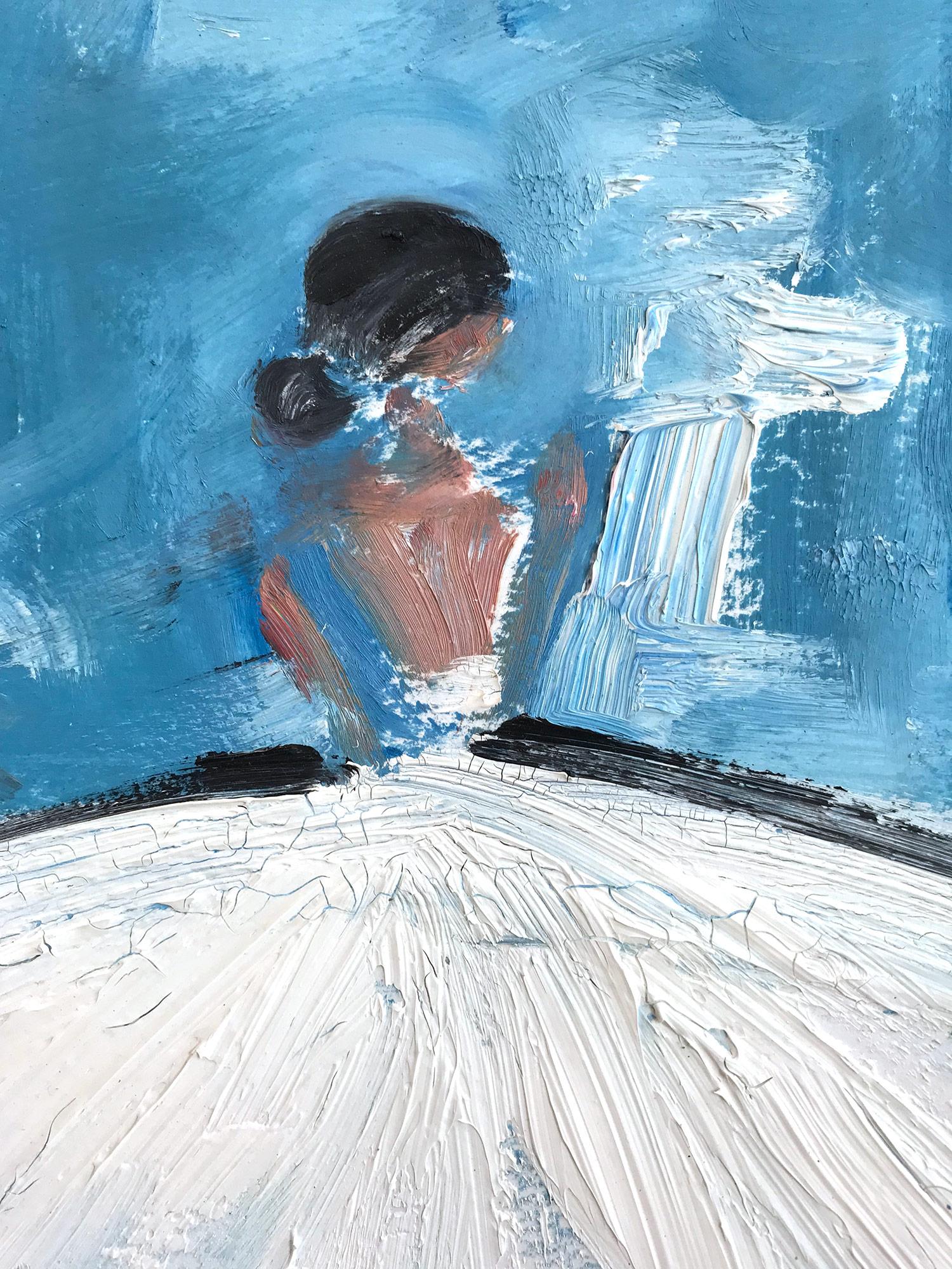 An abstract, whimsical and bold depiction of a woman standing gracefully in a white gown against a turquoise blue background with delicate details. This piece captures the essence of fashion in Pairs. Done in a very modern and impressionistic style,