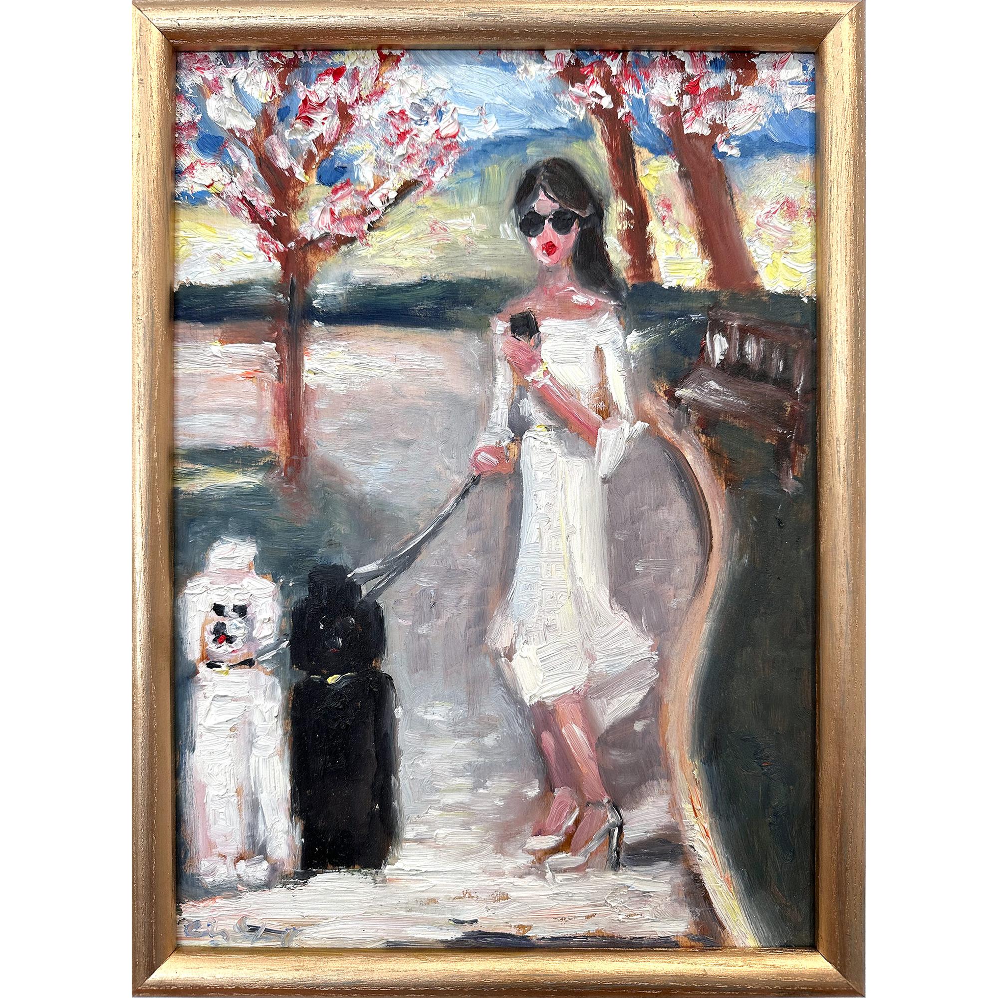 Cindy Shaoul Landscape Painting - "Stepping Out At the Park" Plein Air Oil Painting in NYC Central Park w Poodles