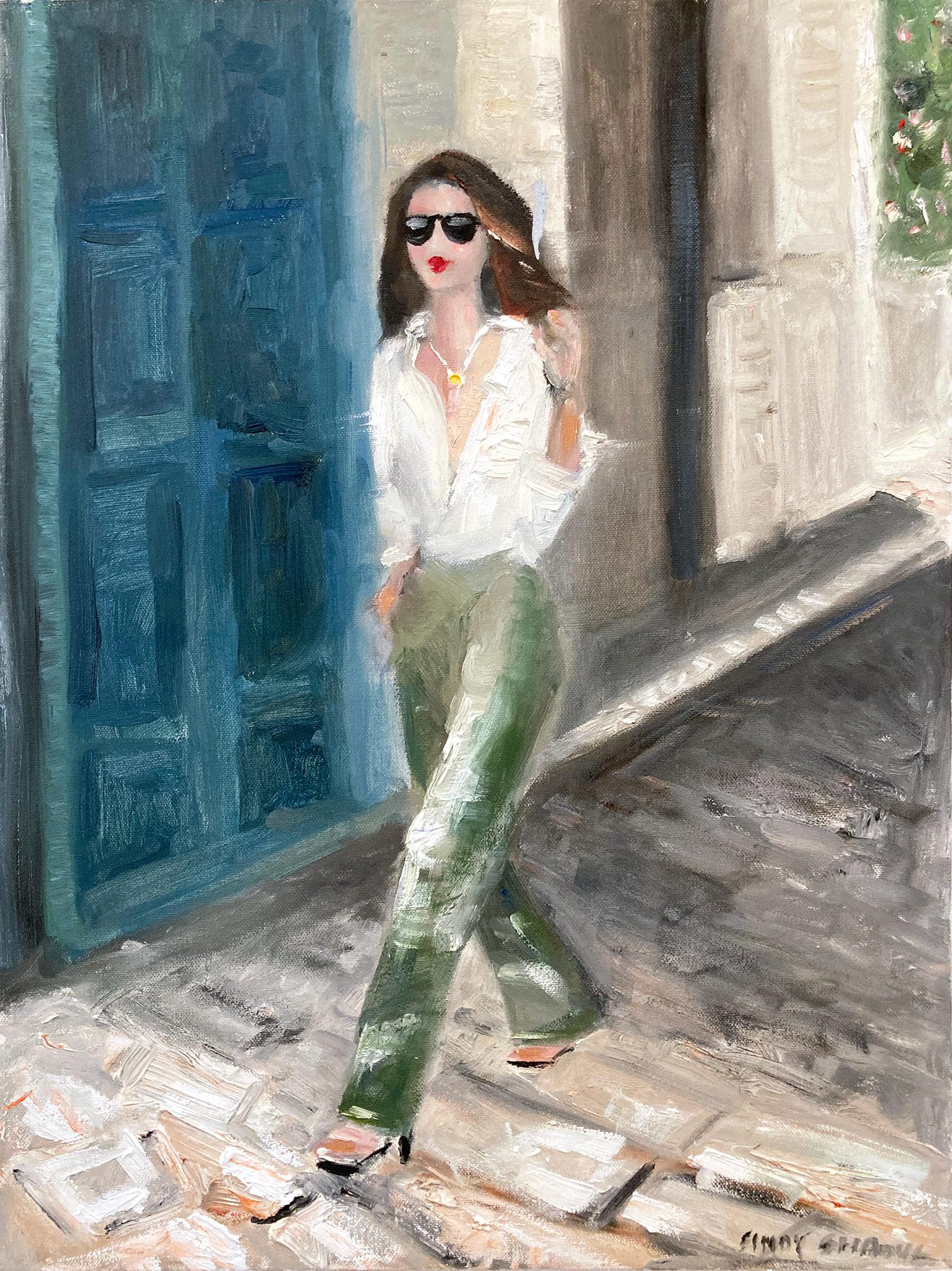 Cindy Shaoul Figurative Painting - "Stepping Out - Barcelona" Impressionist Landscape Scene Oil Painting on Canvas