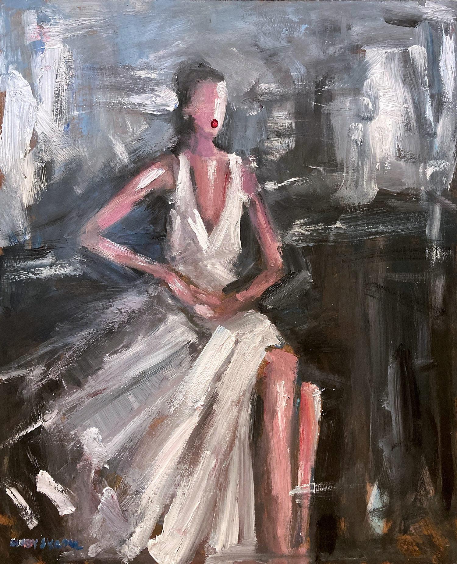 Cindy Shaoul Figurative Painting - "Evening by the Chateau" Seated Figure with Chanel Dress Oil Painting on Board