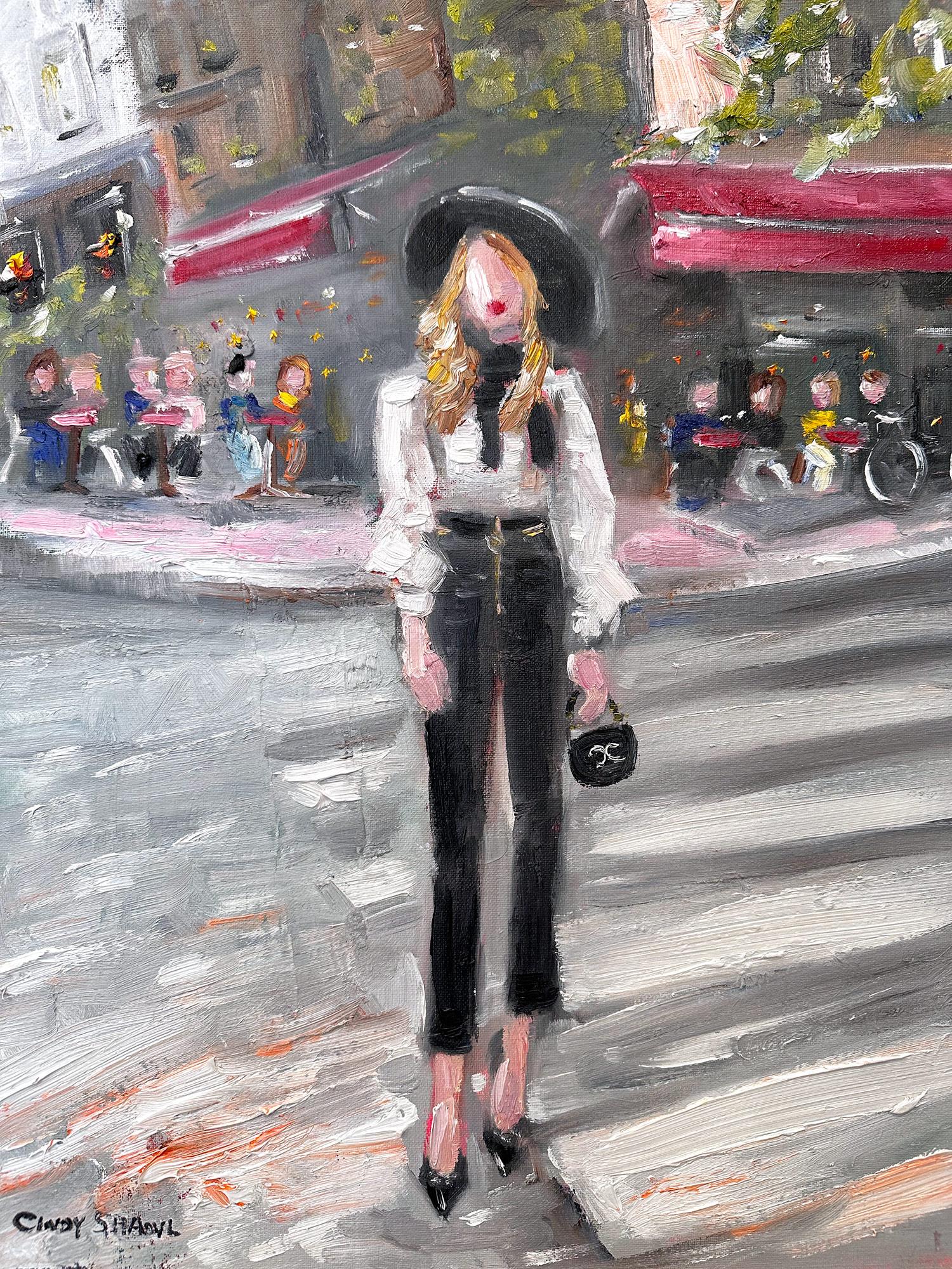 „Stepping Out - Cafe Palais“ Haute Couture-Figur, Ölgemälde mit Chanel-Tasche – Painting von Cindy Shaoul