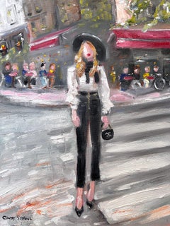 "Stepping Out - Cafe Palais" Haute Couture Figure Oil Painting with Chanel Bag