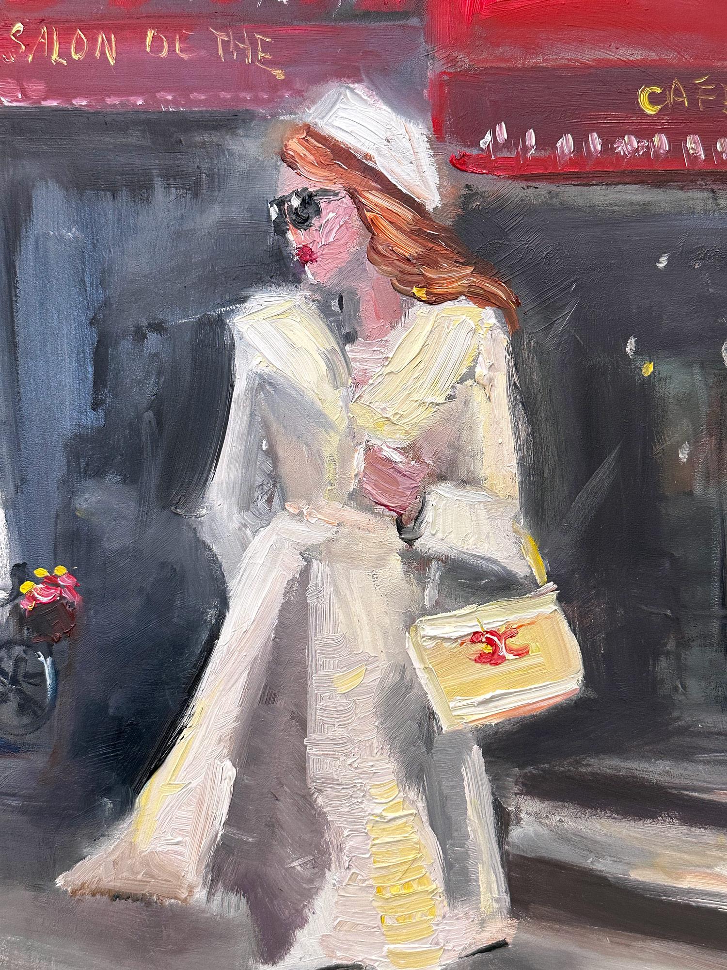 „Stepping Out - Cafe Palais“ Haute Couture-Figur, Ölgemälde mit Chanel-Tasche (Amerikanischer Impressionismus), Painting, von Cindy Shaoul