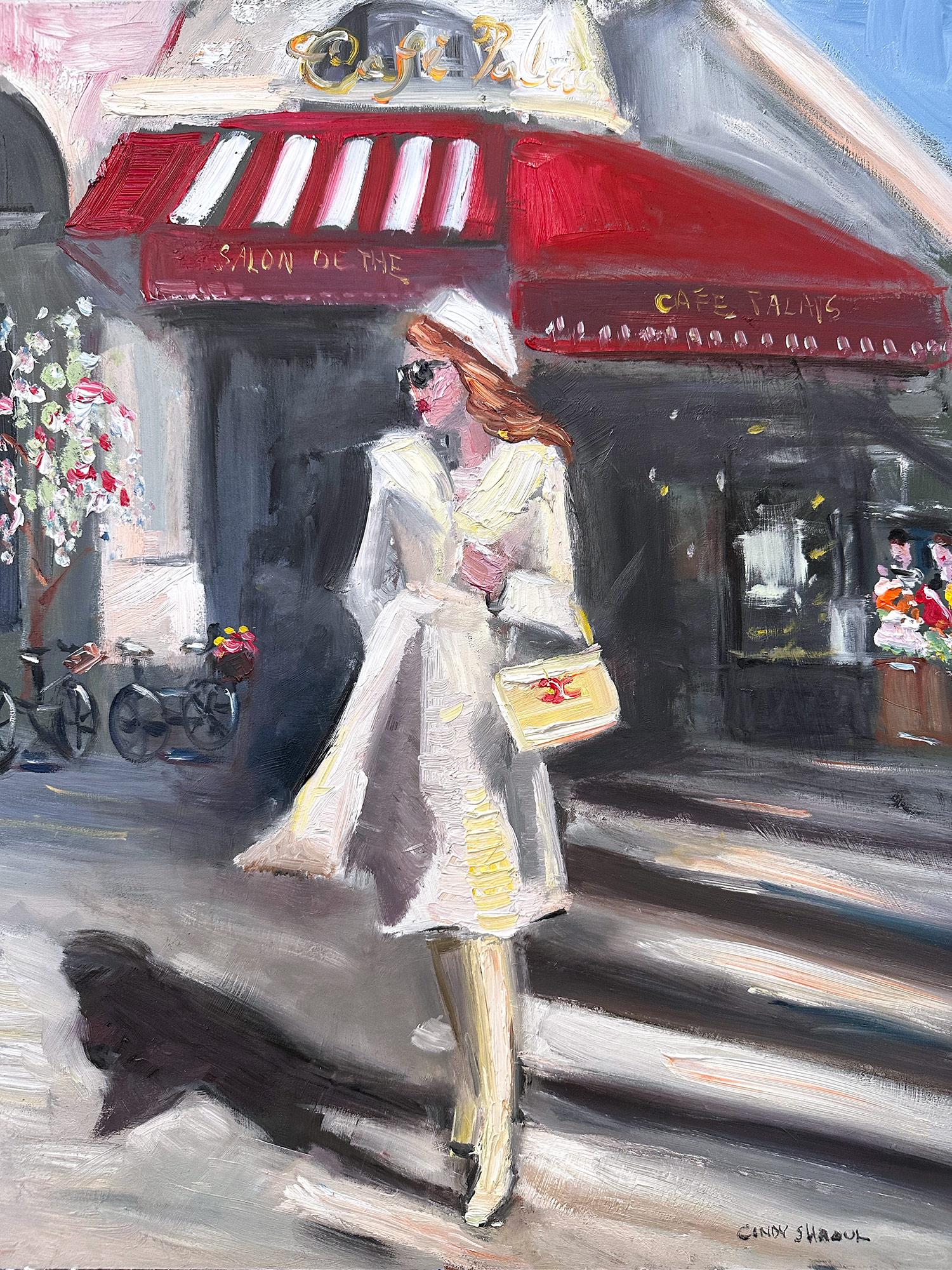 „Stepping Out - Cafe Palais“ Haute Couture-Figur, Ölgemälde mit Chanel-Tasche
