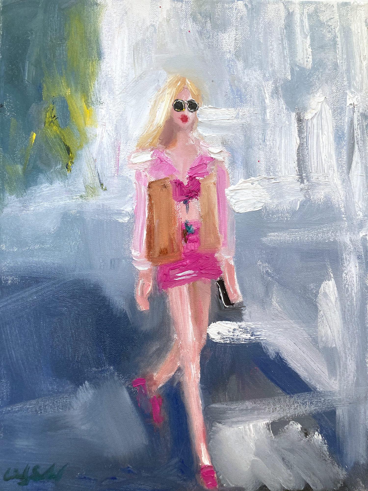 « Stepping Out - Central Park » - Figure portant une peinture à l'huile de Chanel sur toile