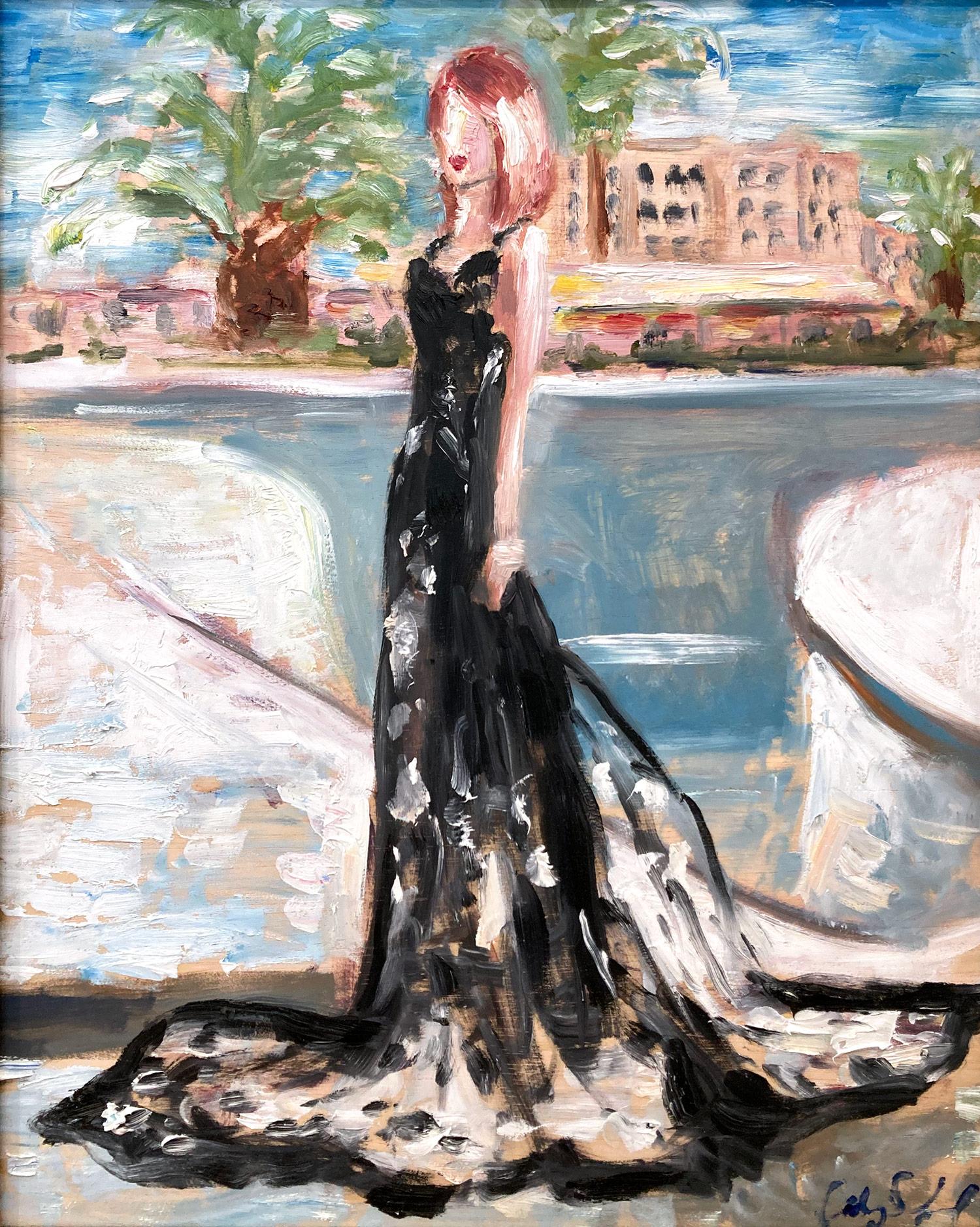„Stepping Out – Emma Stone, LA Poolside“, Haute Couture, Ölgemälde, gerahmt – Painting von Cindy Shaoul