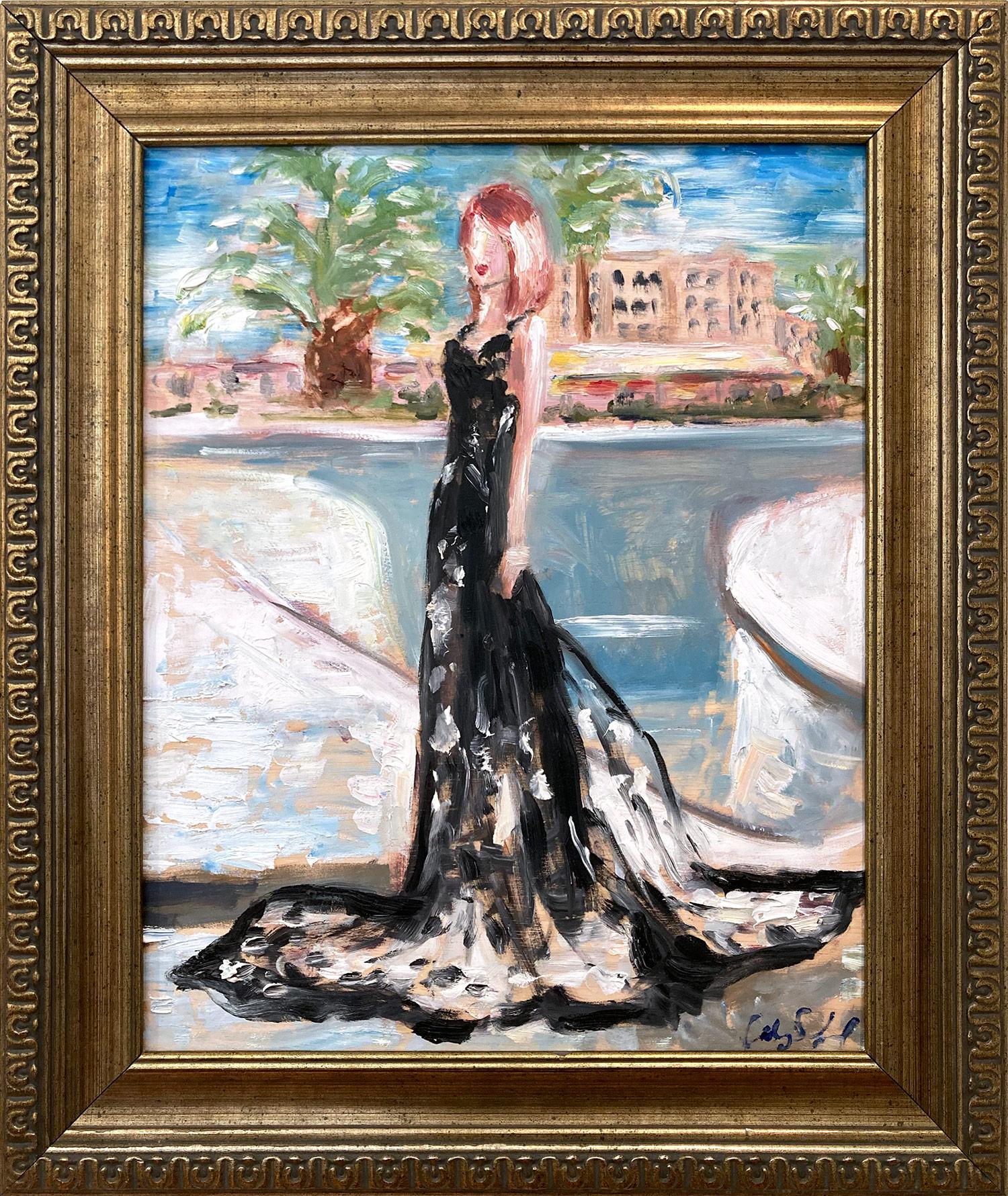 Cindy Shaoul Figurative Painting - "Stepping Out - Emma Stone, LA Poolside" Haute Couture Oil Painting Framed