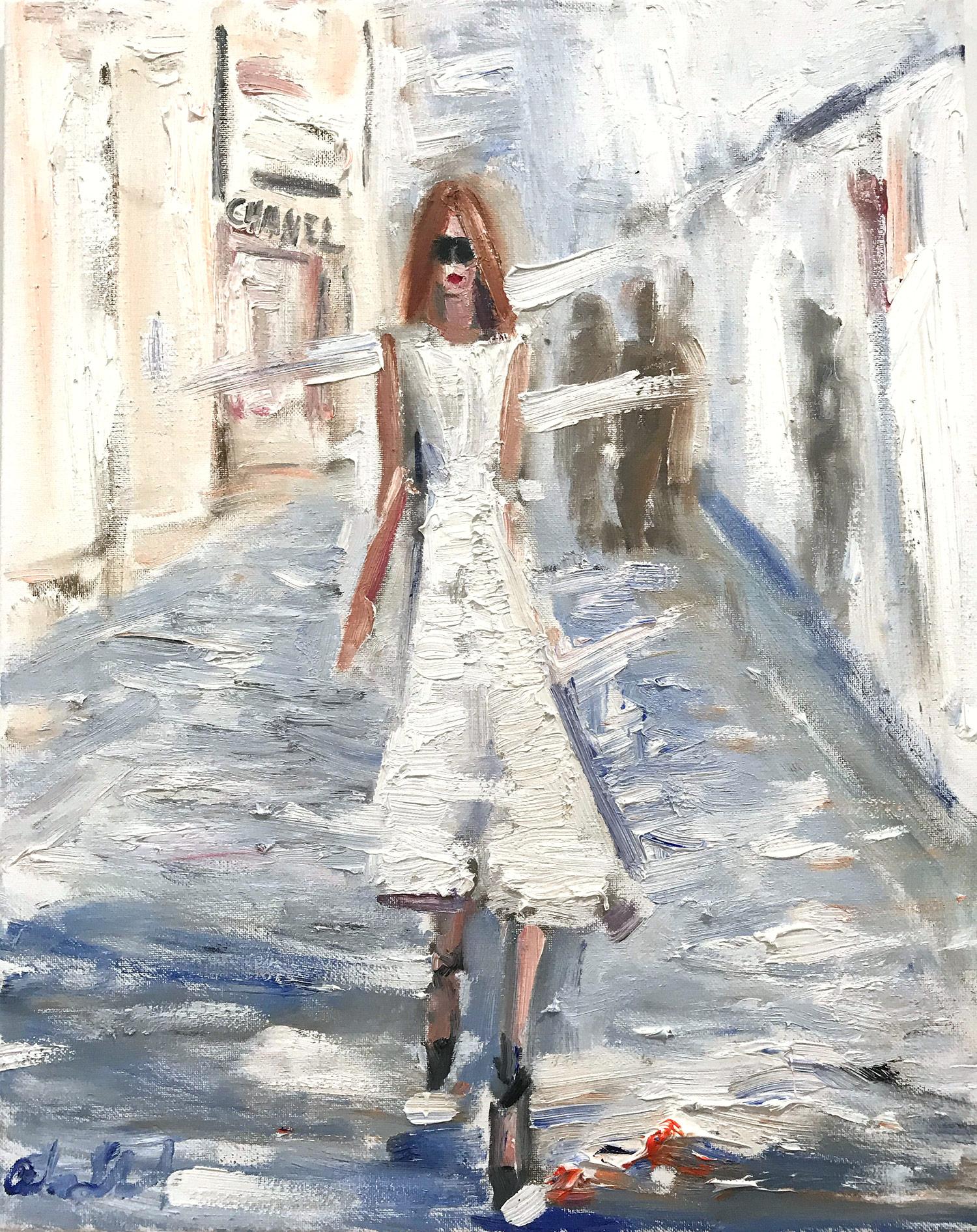 "Stepping Out" Figure wearing Chanel in London Oil Painting on Canvas