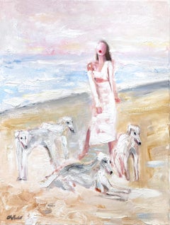 "Stepping Out Gal Gadot" Impressionistic Beach with Greyhounds Canvas Painting