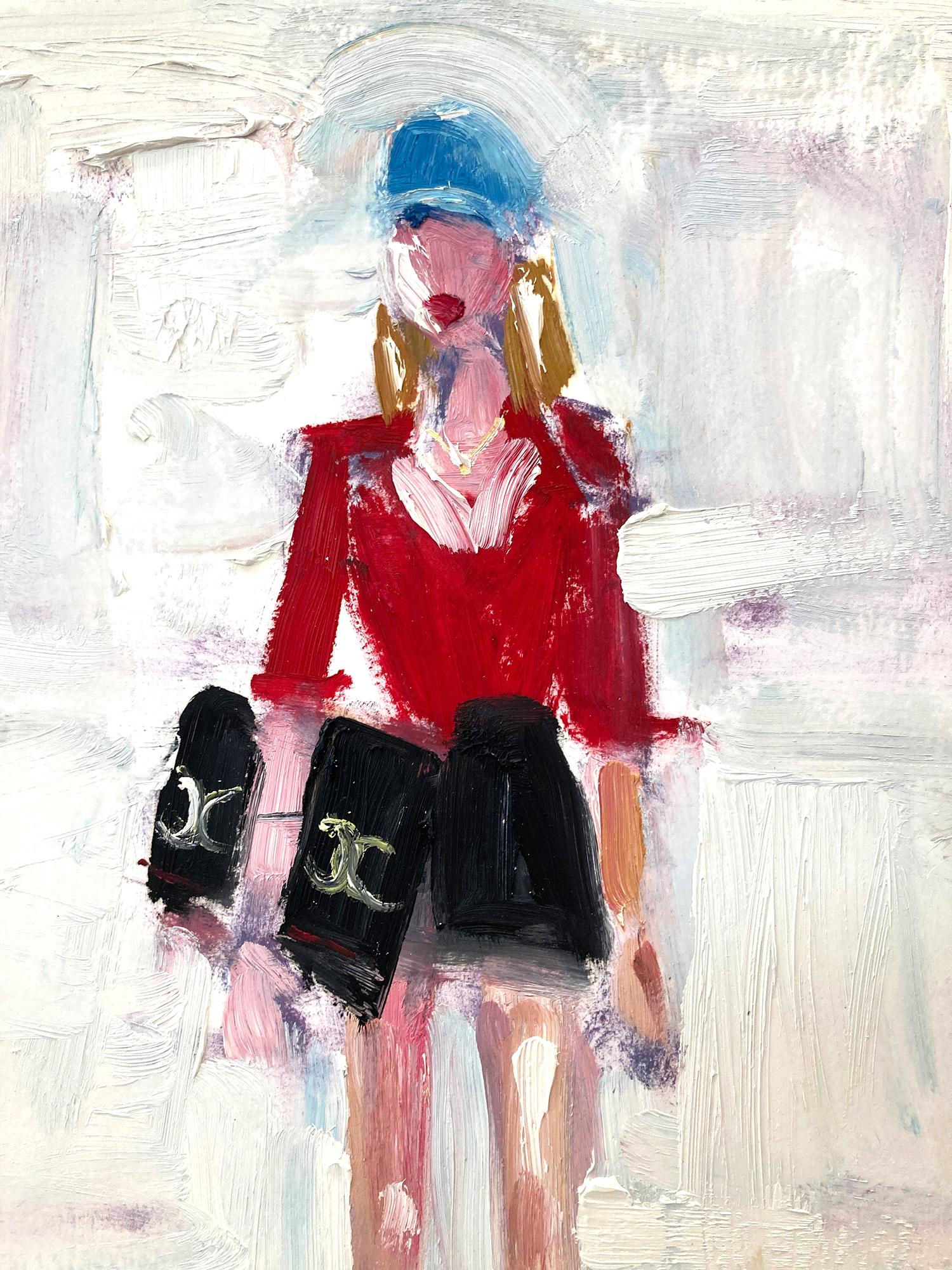 „Stepping Out in Chanel“ Chanel Haute Couture, farbenfrohes Ölgemälde auf Papier – Painting von Cindy Shaoul