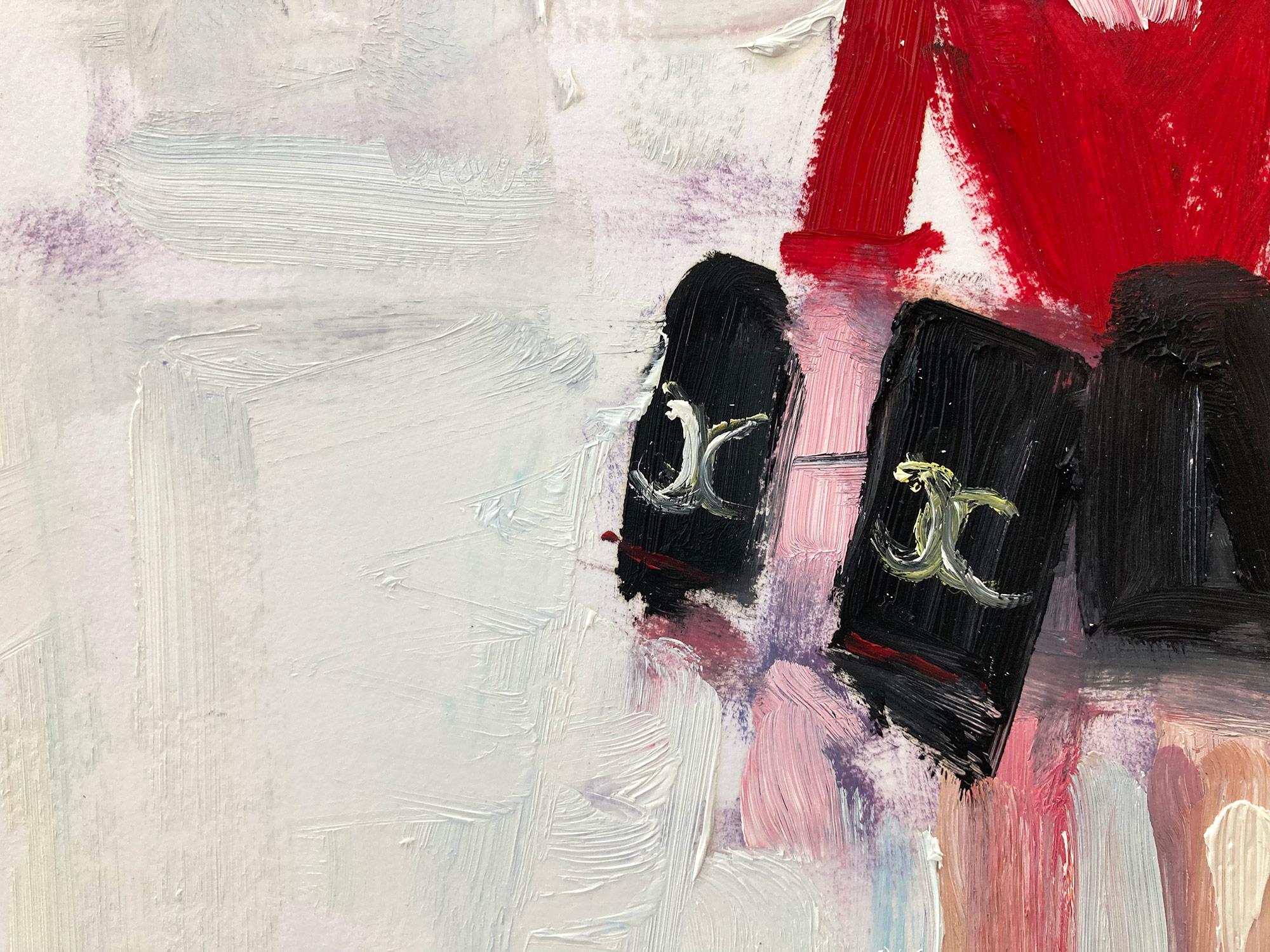 „Stepping Out in Chanel“ Chanel Haute Couture, farbenfrohes Ölgemälde auf Papier (Amerikanischer Impressionismus), Painting, von Cindy Shaoul