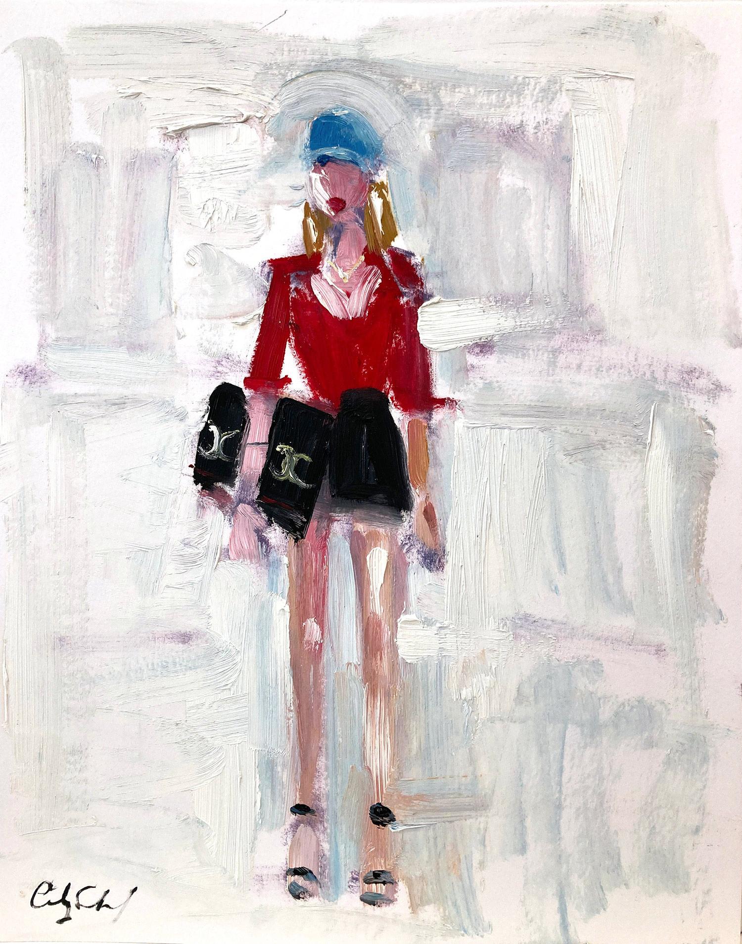 Cindy Shaoul Abstract Painting – „Stepping Out in Chanel“ Chanel Haute Couture, farbenfrohes Ölgemälde auf Papier