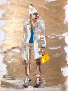 "Stepping Out in Chanel" Gold Figure with Sunglasses Oil Painting on Paper 