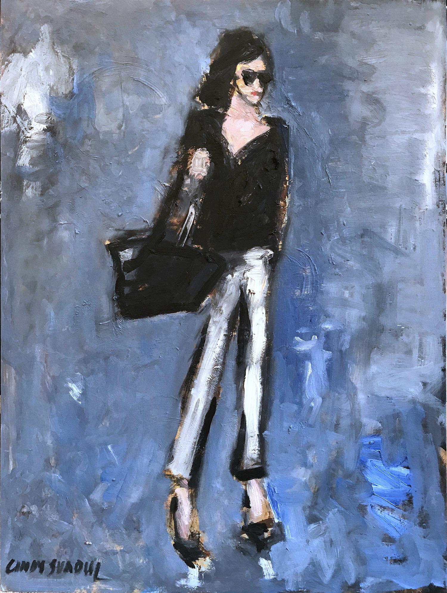 Cindy Shaoul Figurative Painting - "Stepping Out, In Dolce & Gabbana" Impressionist Figure Oil Painting on Board