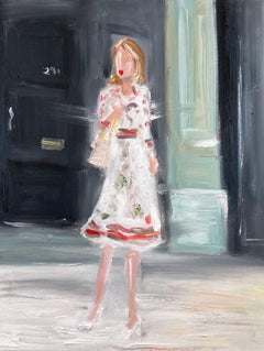 "Stepping Out in London" Impressionist Oil Painting on Canvas in Gucci Dress