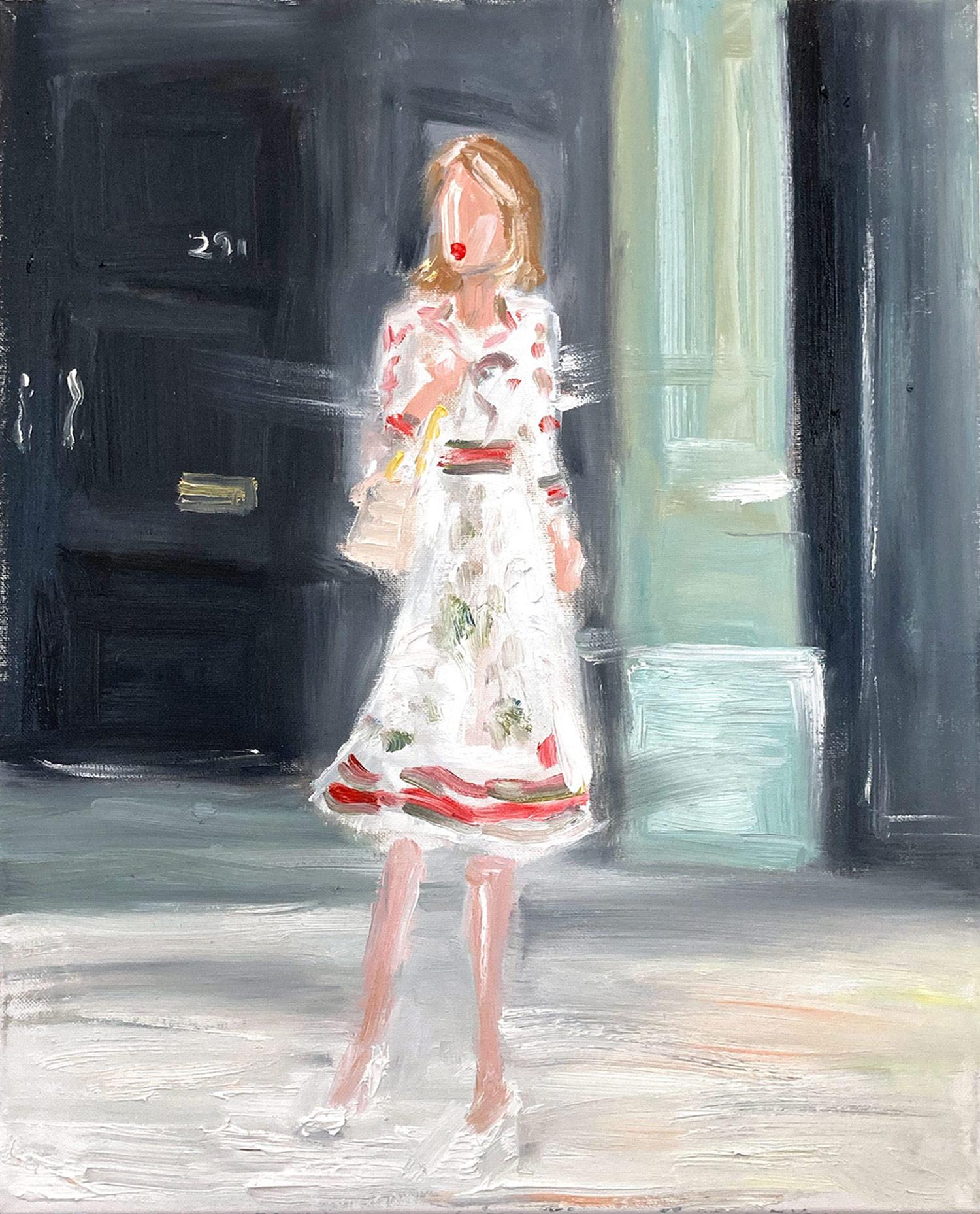 Figurative Painting de Cindy Shaoul - "Stepping Out in London" Pintura al óleo impresionista sobre lienzo con vestido de Gucci